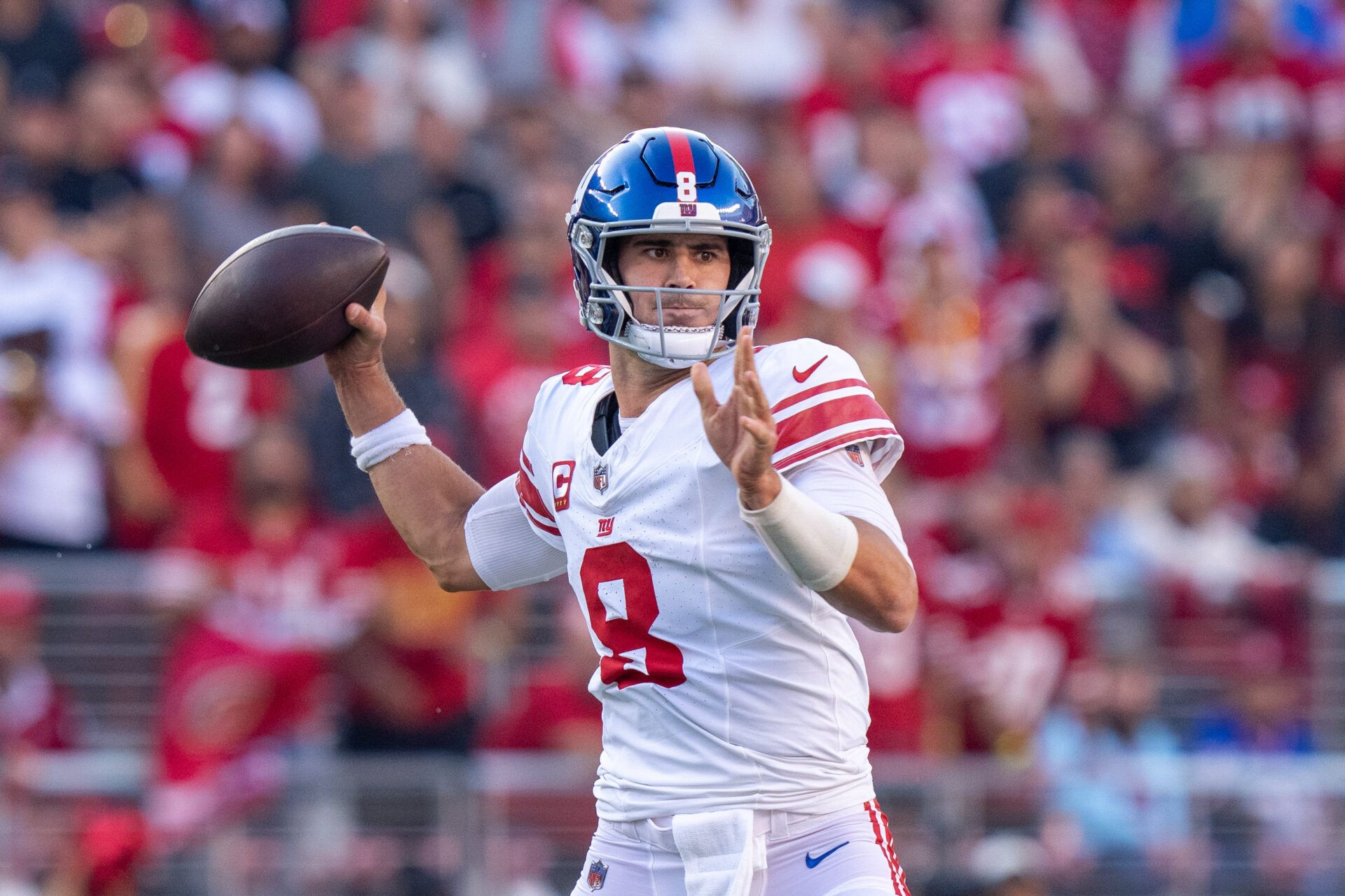 New York Giants quarterback Daniel Jones (8) passes the football during the first quarter against the San Francisco 49ers at Levi's Stadium.