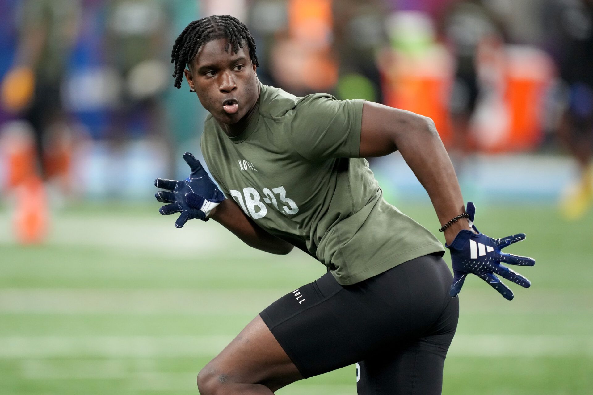 Georgia defensive back Kamari Lassiter (DB23) works out during the 2024 NFL Combine at Lucas Oil Stadium.