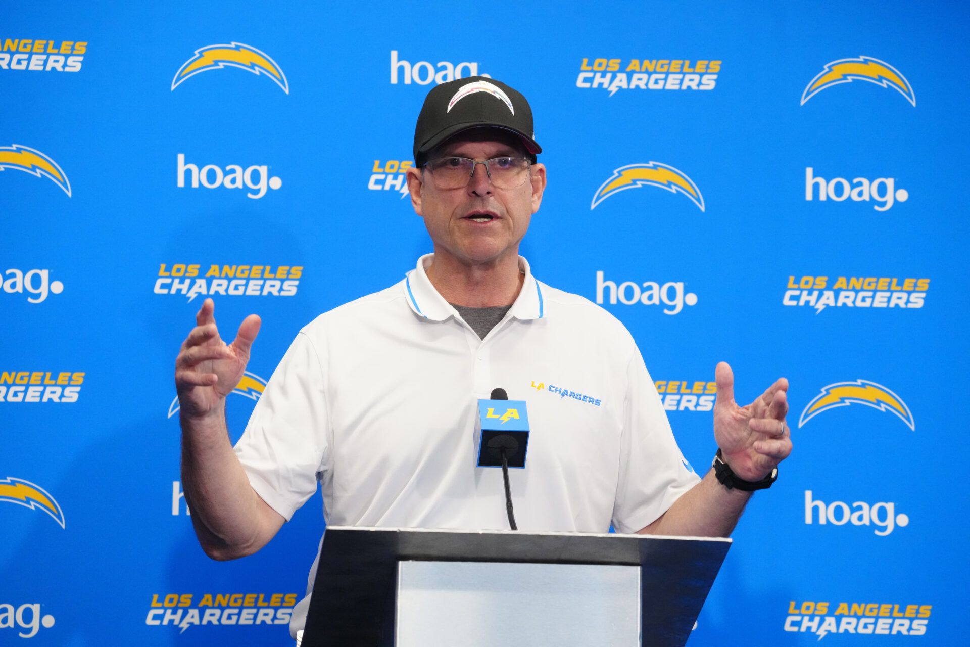 Los Angeles Chargers coach Jim Harbaugh speaks at press conference at Hoag Performance Center.