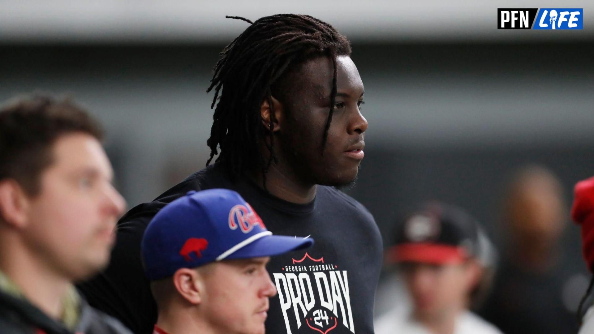 Georgia offensive lineman Amarius Mims (65) looks on during Georgia football's Pro Day in Athens, Ga., on Wednesday, March 13, 2024.