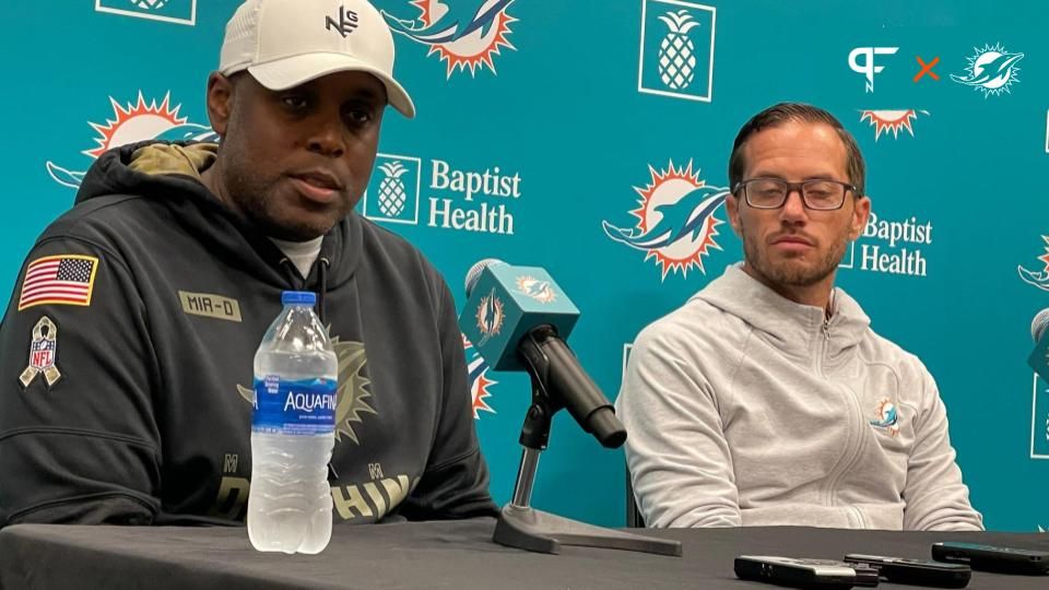 Miami Dolphins GM Chris Grier and HC Mike McDaniel talk to the media at a press conference.