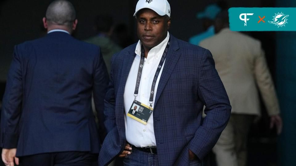 Miami Dolphins General Manager Chris Grier waits for his team to come off the field after defeating the Cleveland Browns 39-17 at Hard Rock Stadium in Miami Gardens, Nov. 13, 2022. Photos Cleveland B...