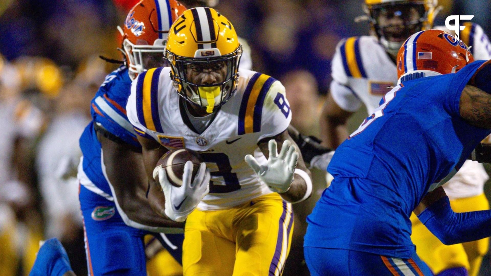 LSU Tigers WR Malik Nabers (3) runs after the catch against the Florida Gators.