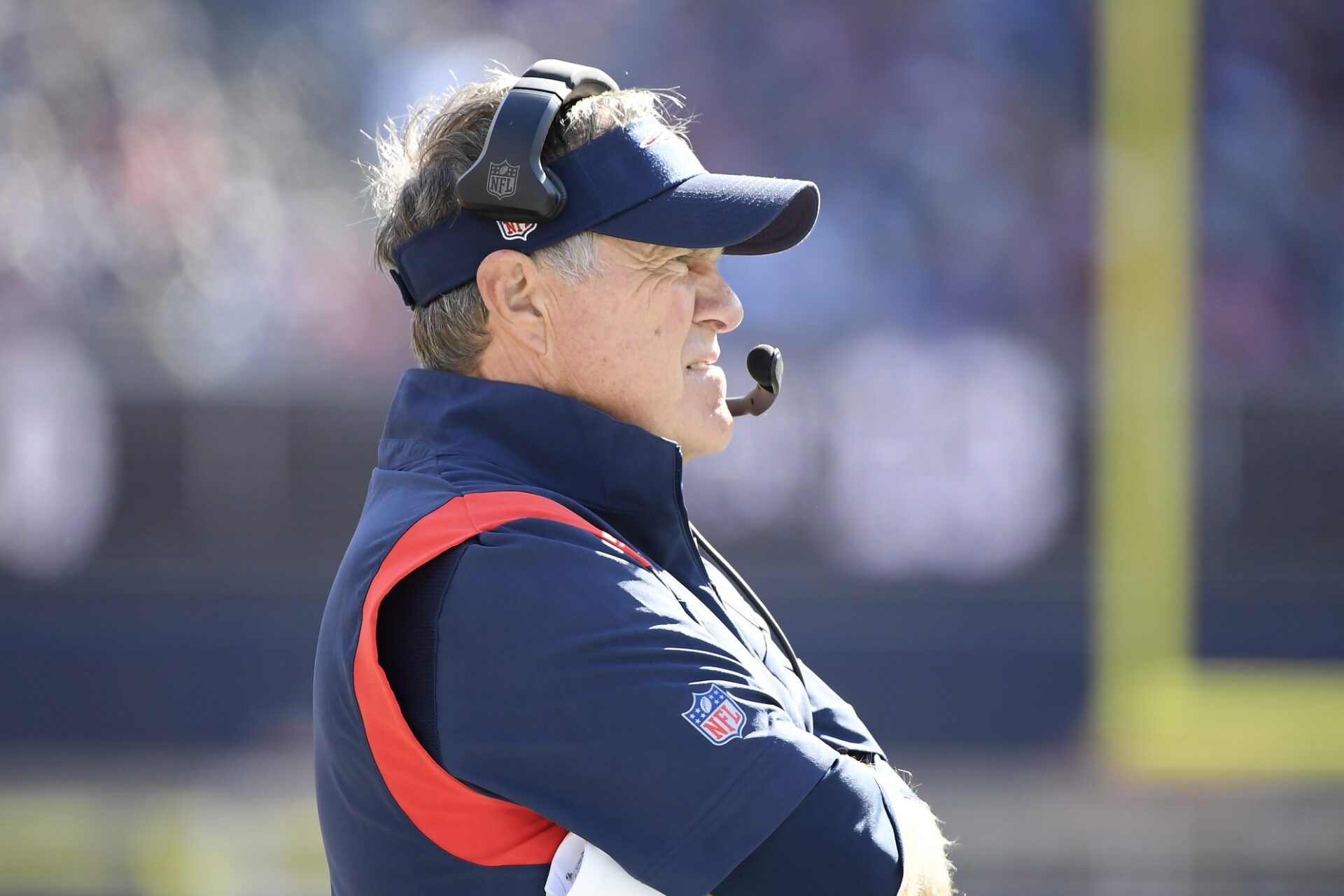 New England Patriots head coach Bill Belichick looks on during the first half against the Detroit Lions at Gillette Stadium.