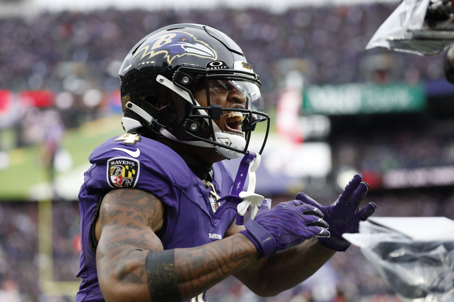 Baltimore Ravens WR Zay Flowers (4) celebrates after scoring a touchdown against the Kansas City Chiefs.