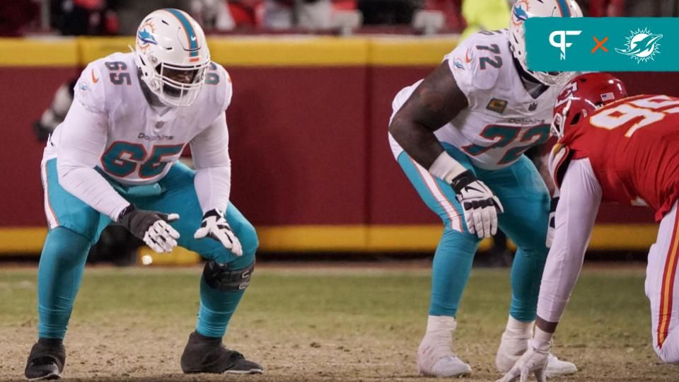 Miami Dolphins guard Robert Jones (65) and offensive tackle Terron Armstead (72) at the line of scrimmage against the Kansas City Chiefs in a 2024 AFC wild card game at GEHA Field at Arrowhead Stadium...