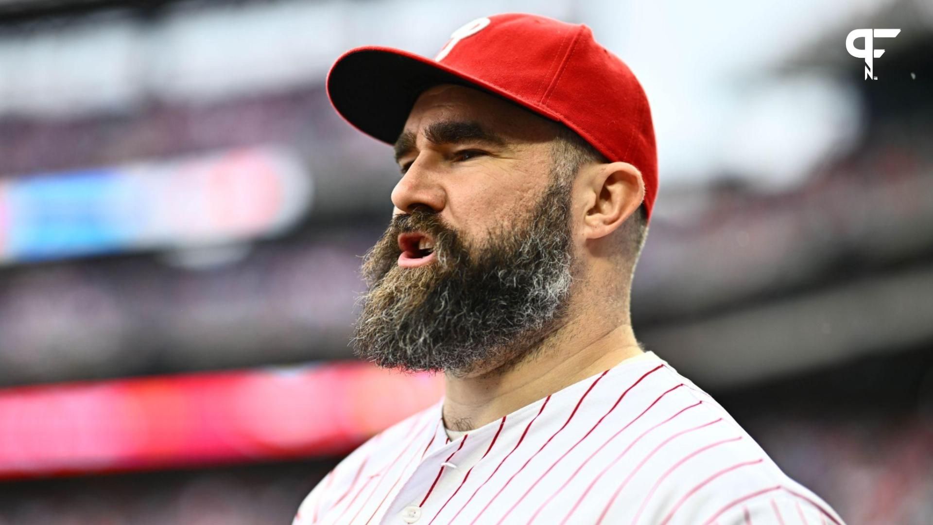 Former Philadelphia Eagle Jason Kelce reacts before the game between the Philadelphia Phillies and Atlanta Braves at Citizens Bank Park.