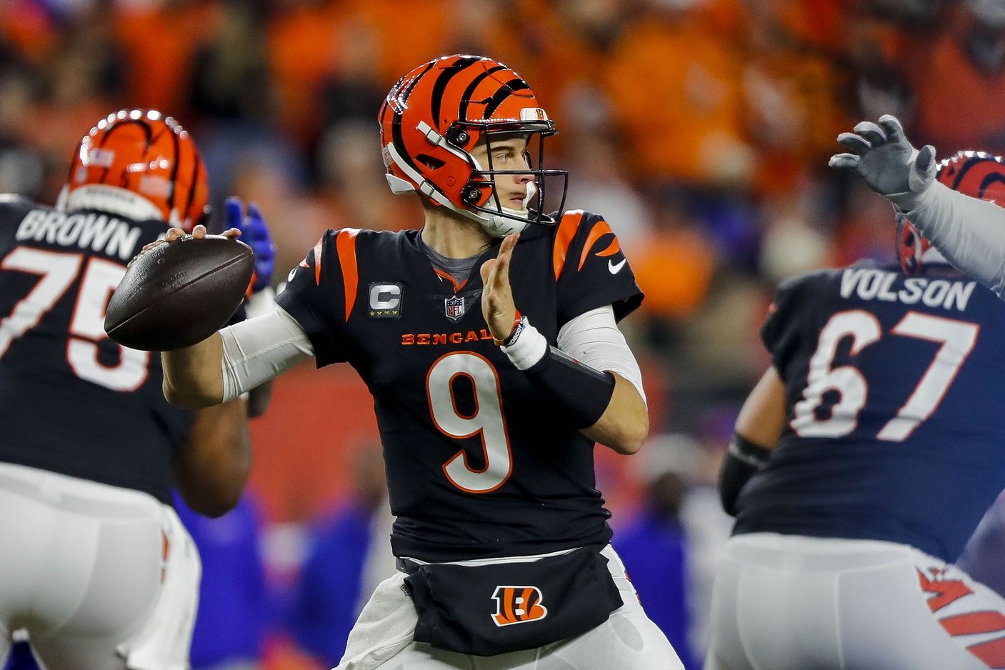 Cincinnati Bengals quarterback Joe Burrow (9) throws a pass against the Buffalo Bills in the first half at Paycor Stadium. Mandatory Credit: Katie Stratman-USA TODAY Sports