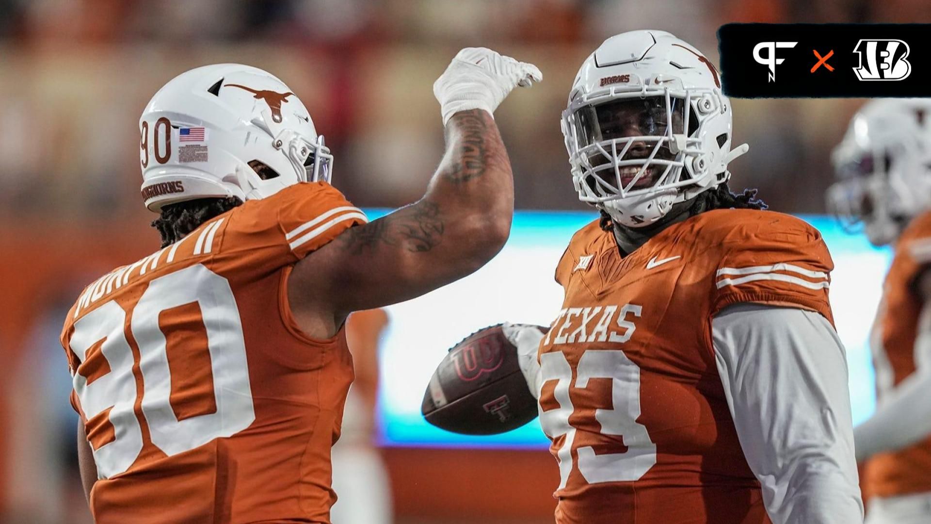 Texas Longhorns defensive lineman T'Vondre Sweat (93) and Texas Longhorns defensive lineman Byron Murphy II (90) celebrate a play during the game against Texas Tech at Darrell K Royal Texas Memorial Stadium on Friday, Nov. 24, 2023.