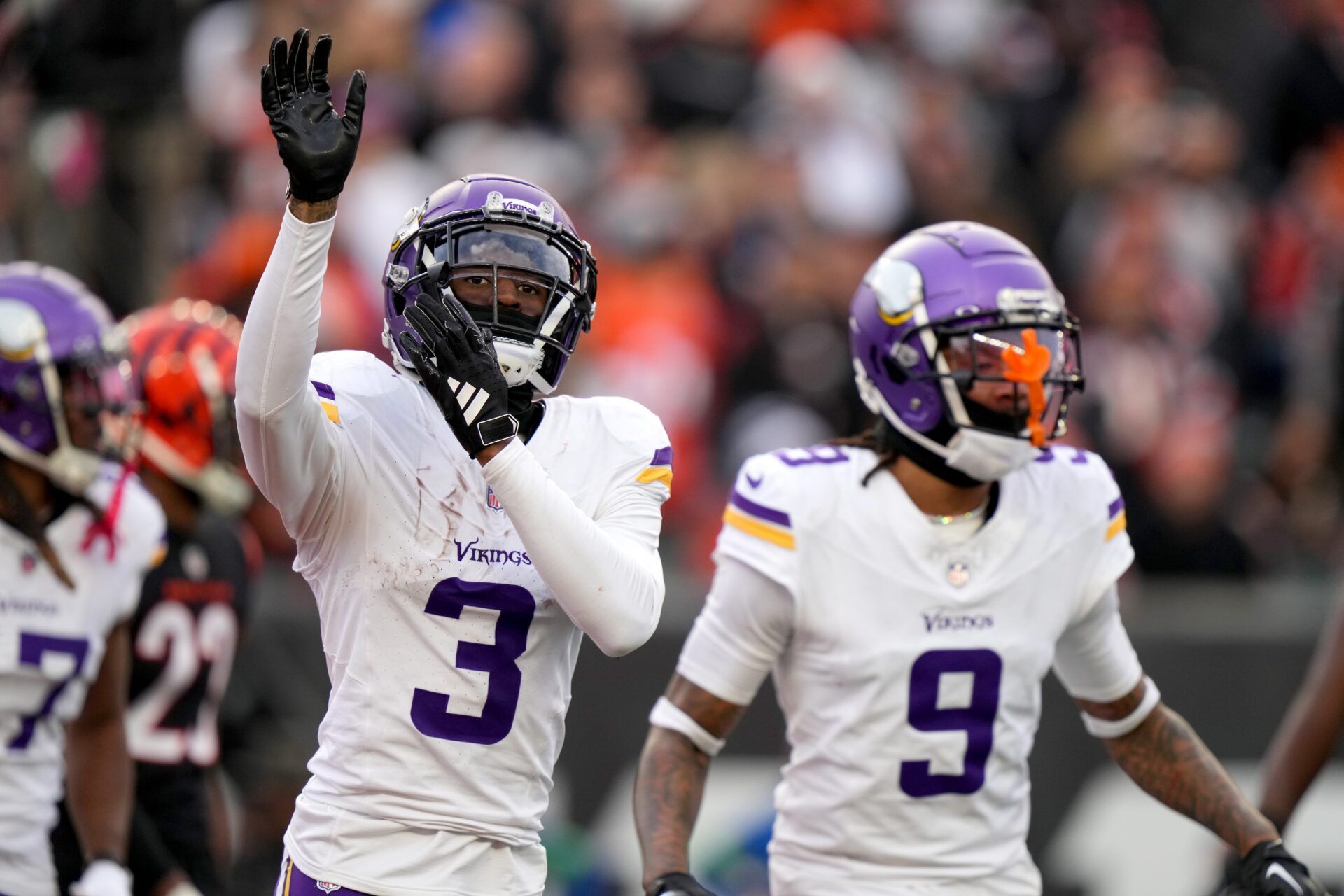 Minnesota Vikings wide receiver Jordan Addison (3) celebrates a touchdown score in the fourth quarter of a Week 15 NFL football game between the Minnesota Vikings and the Cincinnati Bengals, Saturday, Dec. 16, 2023, at Paycor Stadium in Cincinnati.