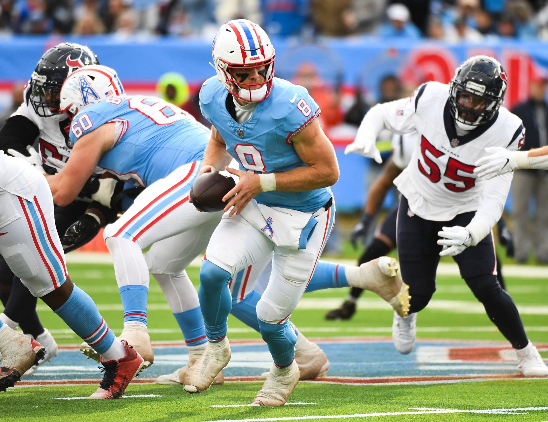 Tennessee Titans quarterback Will Levis (8) turns to hand the ball off during the second half against the Houston Texans at Nissan Stadium.