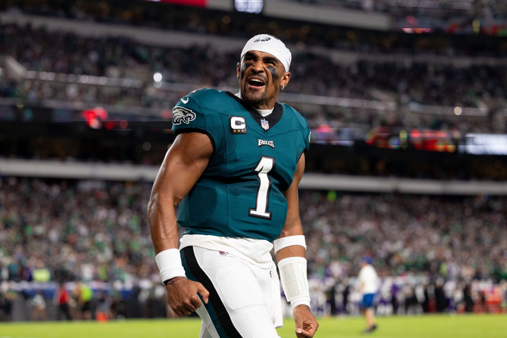 Philadelphia Eagles quarterback Jalen Hurts (1) reacts before kick off Minnesota Vikings at Lincoln Financial Field.