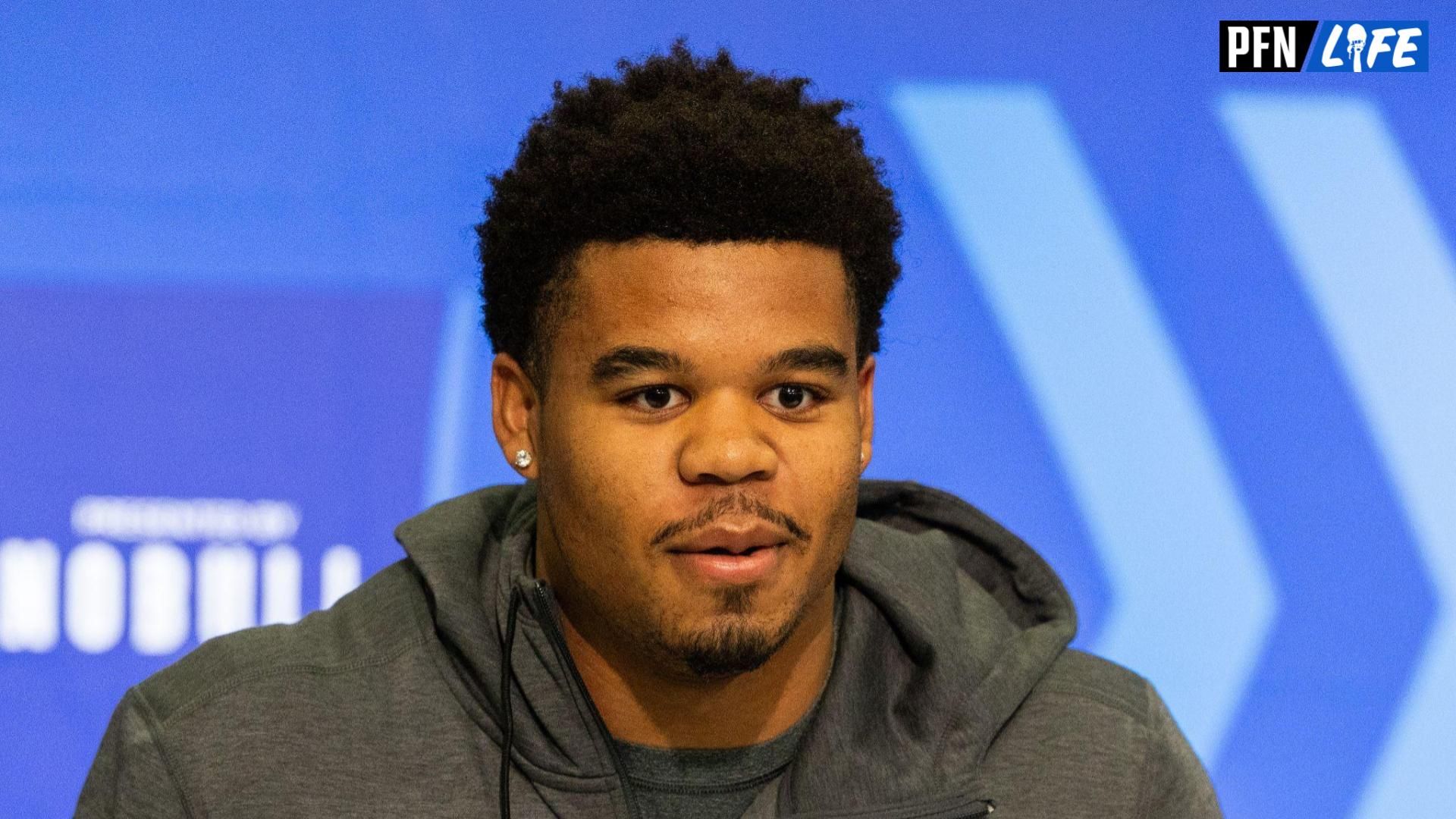 Penn State defensive lineman Chop Robinson (DL45) talks to the media at the 2024 NFL Combine at Indiana Convention Center.