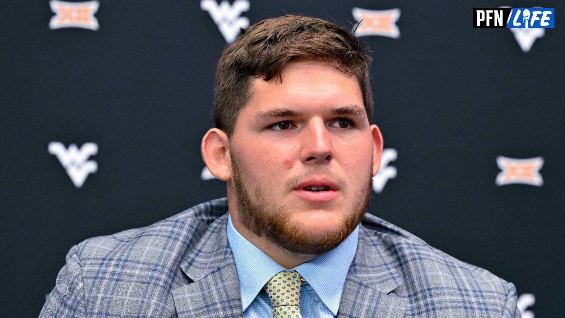 West Virginia Mountaineers offensive lineman Zach Frazier is interviewed during the Big 12 football media day at AT&T Stadium.