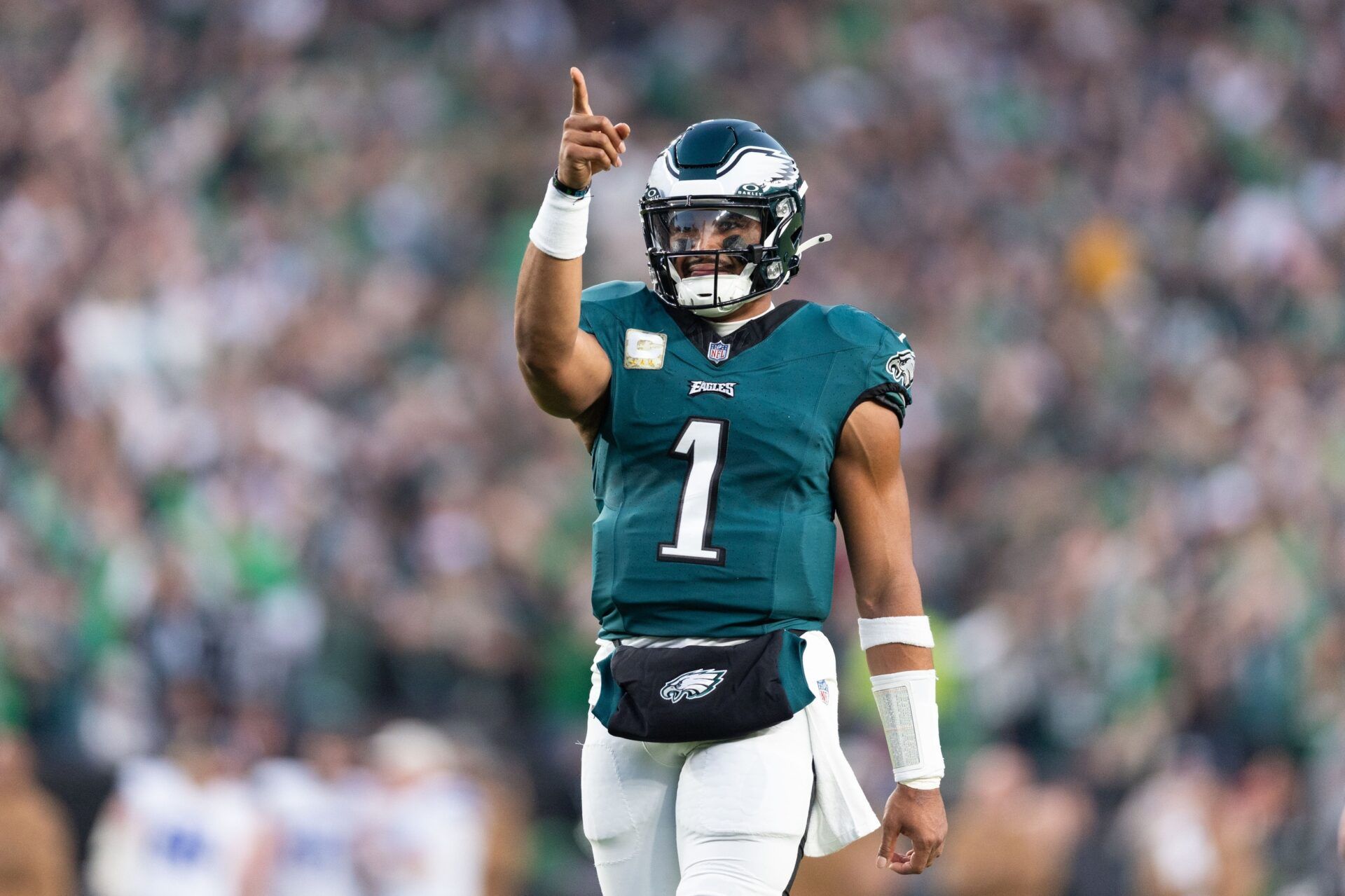 Philadelphia Eagles quarterback Jalen Hurts (1) reacts after a touchdown against the Dallas Cowboys.