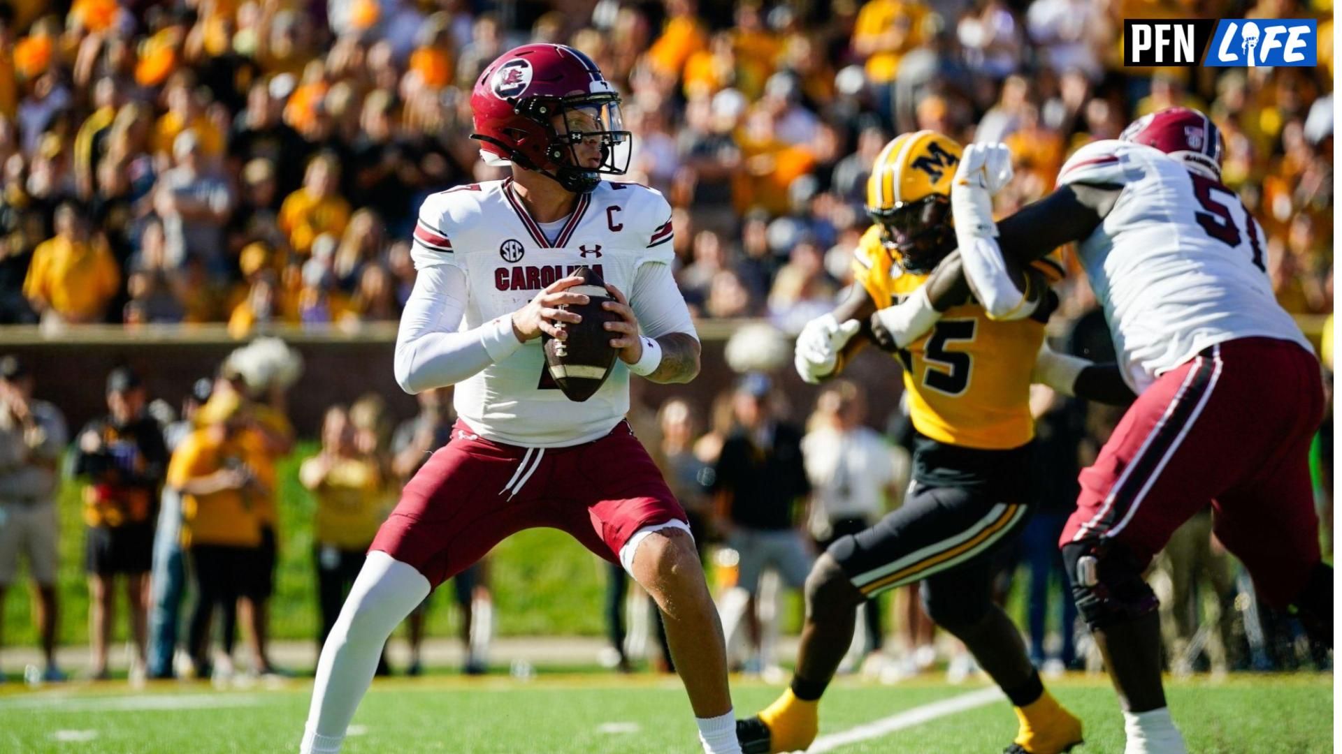 South Carolina Gamecocks quarterback Spencer Rattler (7) during the first half against the Missouri Tigers at Faurot Field at Memorial Stadium.