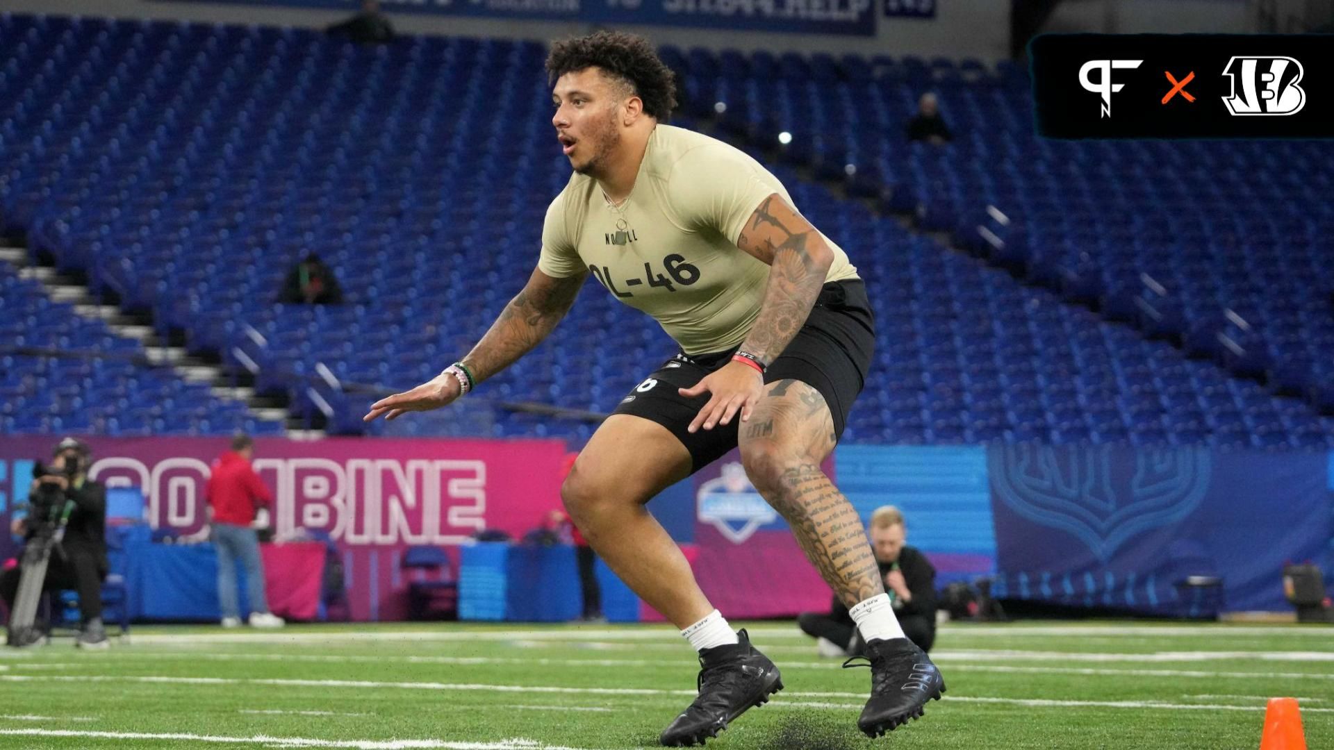 Boston Col offensive lineman Christian Mahogany (OL46) during the 2024 NFL Scouting Combine at Lucas Oil Stadium.