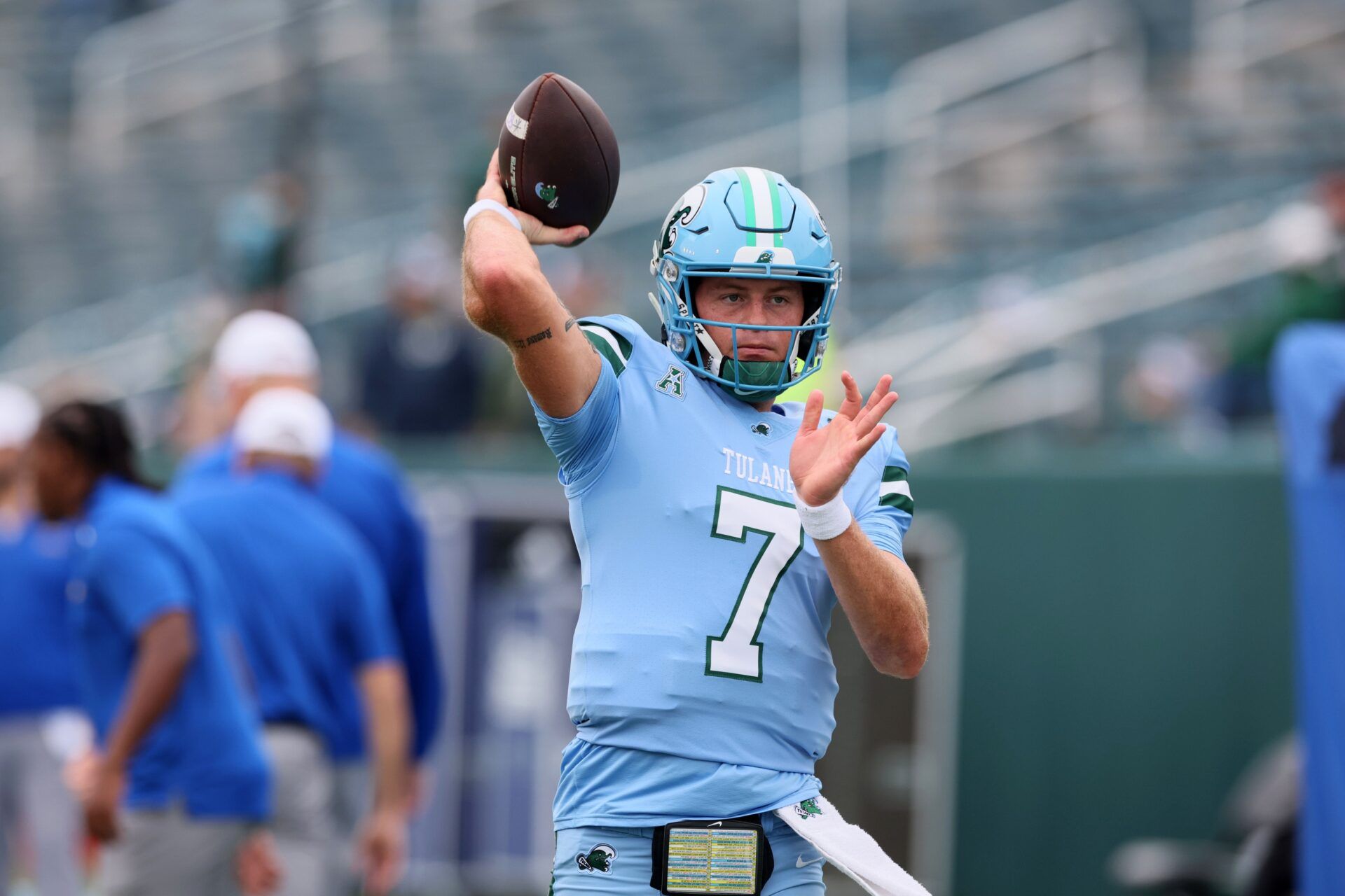 Nov 11, 2023; New Orleans, Louisiana, USA; Tulane Green Wave quarterback Michael Pratt (7) warms up before their game against the Tulsa Golden Hurricanes at Yulman Stadium. Mandatory Credit: Matthew Dobbins-USA TODAY Sports