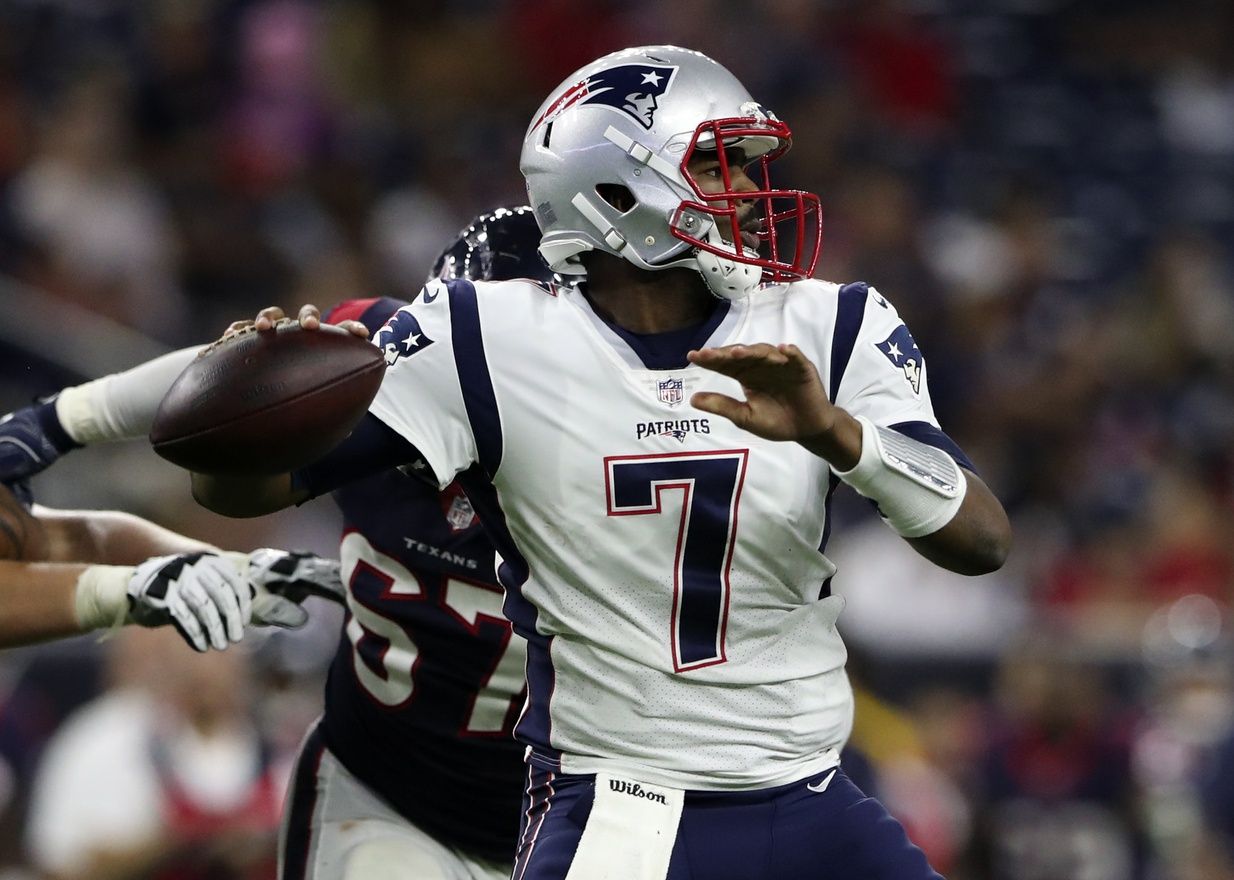 Aug 19, 2017; Houston, TX, USA; New England Patriots quarterback Jacoby Brissett (7) throws during the second half against the Houston Texans at NRG Stadium. Mandatory Credit: Kevin Jairaj-USA TODAY Sports