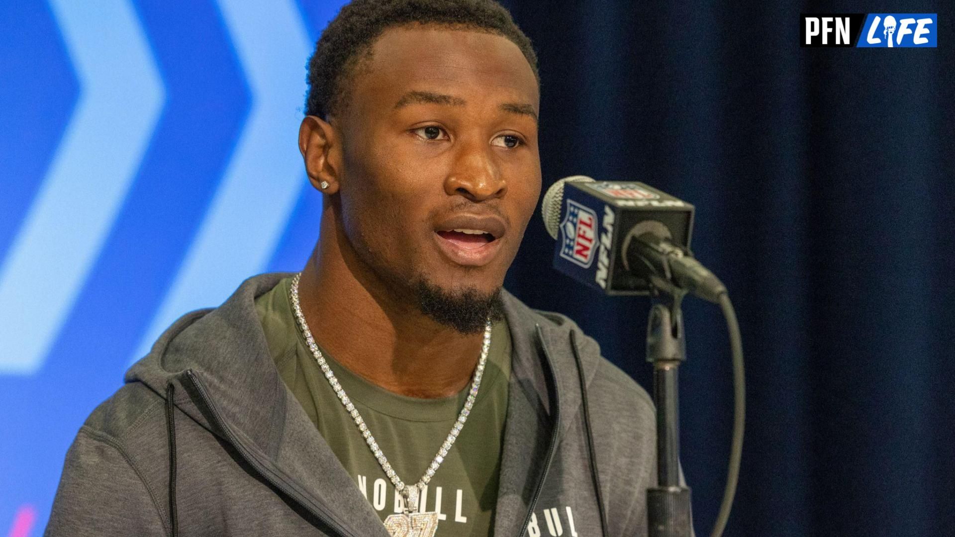 Minnesota defensive back Tyler Nubin (DB56) talks to the media during the 2024 NFL Combine at Lucas Oil Stadium.