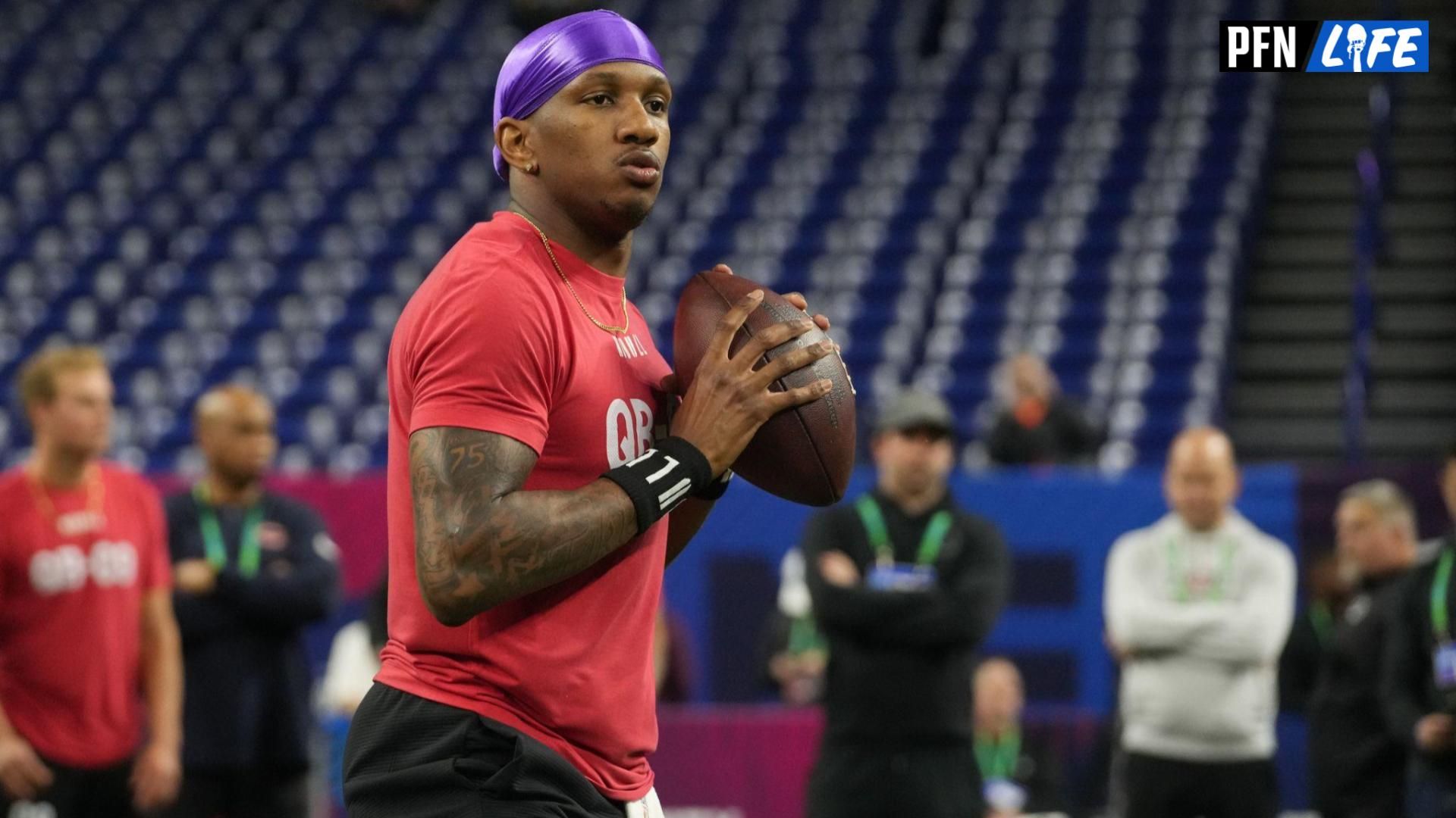 Washington quarterback Michael Penix (QB08) during the 2024 NFL Combine at Lucas Oil Stadium.