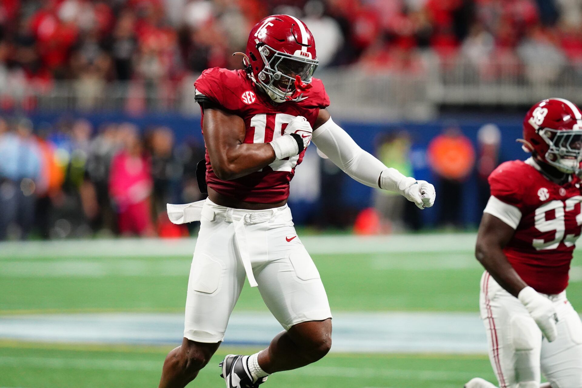 Dec 2, 2023; Atlanta, GA, USA; Alabama Crimson Tide linebacker Dallas Turner (15) celebrates after a sack in the second quarter against the Georgia Bulldogs in the SEC Championship at Mercedes-Benz Stadium. Mandatory Credit: John David Mercer-USA TODAY Sports