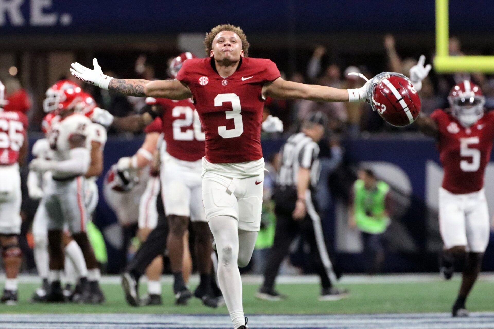 Dec 2, 2023; Atlanta, GA, USA; Alabama Crimson Tide wide receiver Jermaine Burton (3) reacts in the fourth quarter against the Georgia Bulldogs at Mercedes-Benz Stadium. Mandatory Credit: Jordan Godfree-USA TODAY Sports