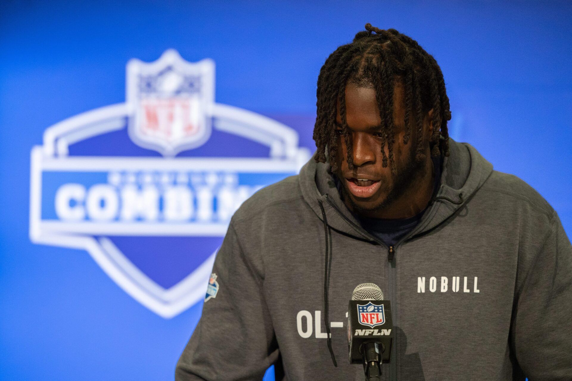 Mar 2, 2024; Indianapolis, IN, USA; Penn State offensive lineman Olu Fashanu (OL18) talks to the media during the 2024 NFL Combine at Lucas Oil Stadium. Mandatory Credit: Trevor Ruszkowski-USA TODAY Sports