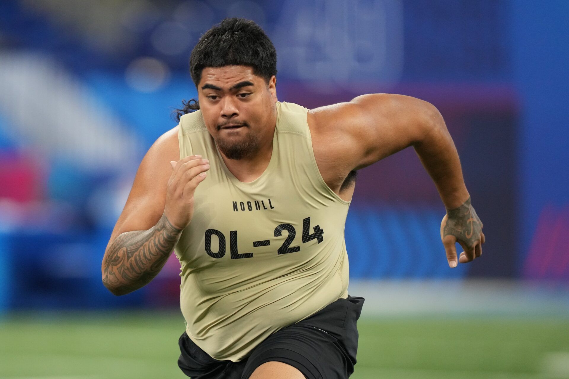 Mar 3, 2024; Indianapolis, IN, USA; Oregon State offensive lineman Taliese Fuaga (OL24) during the 2024 NFL Combine at Lucas Oil Stadium. Mandatory Credit: Kirby Lee-USA TODAY Sports