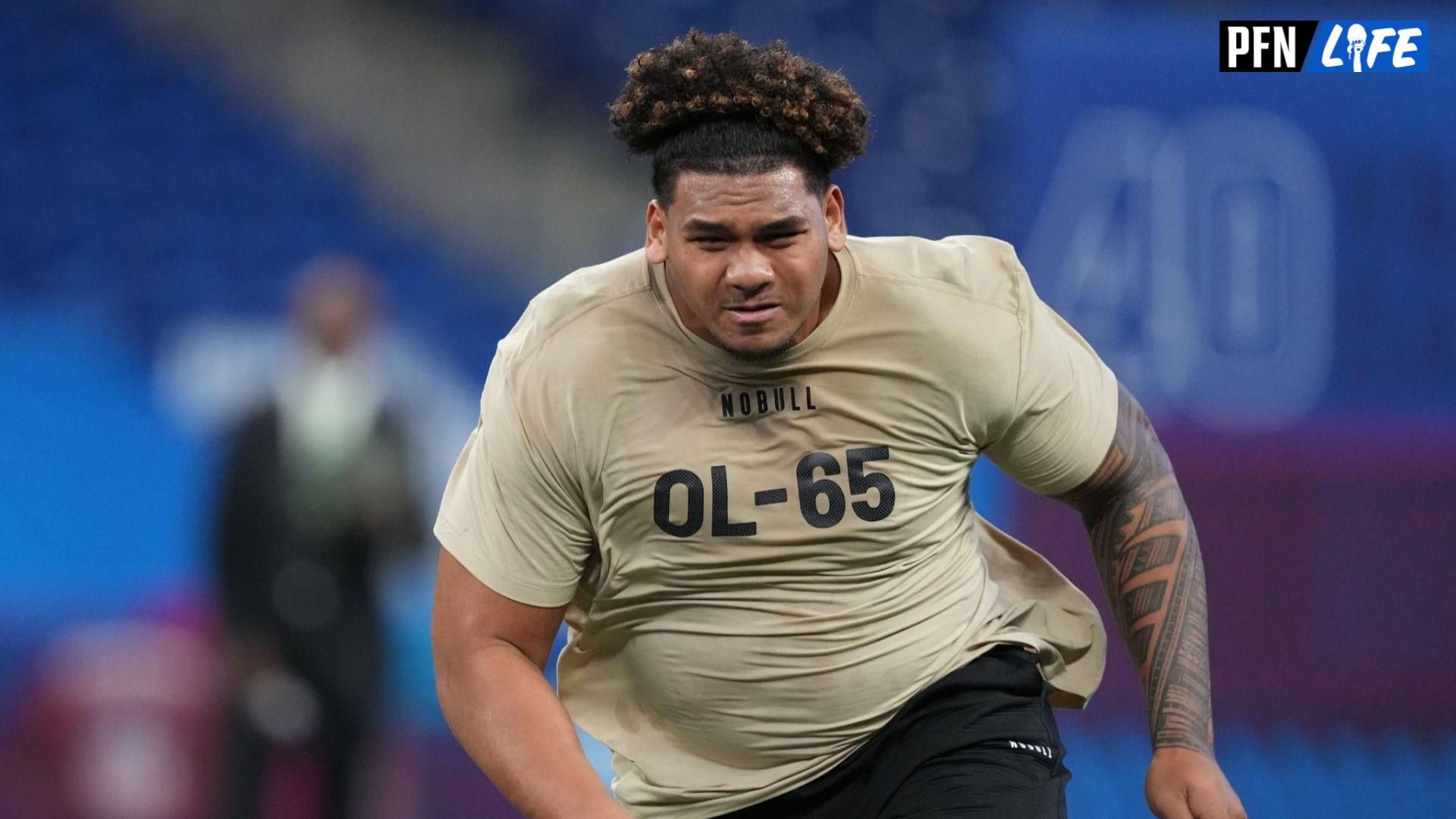 Mar 3, 2024; Indianapolis, IN, USA; Brigham Young offensive lineman Kingsley Suamataia (OL65) during the 2024 NFL Combine at Lucas Oil Stadium. Mandatory Credit: Kirby Lee-USA TODAY Sports