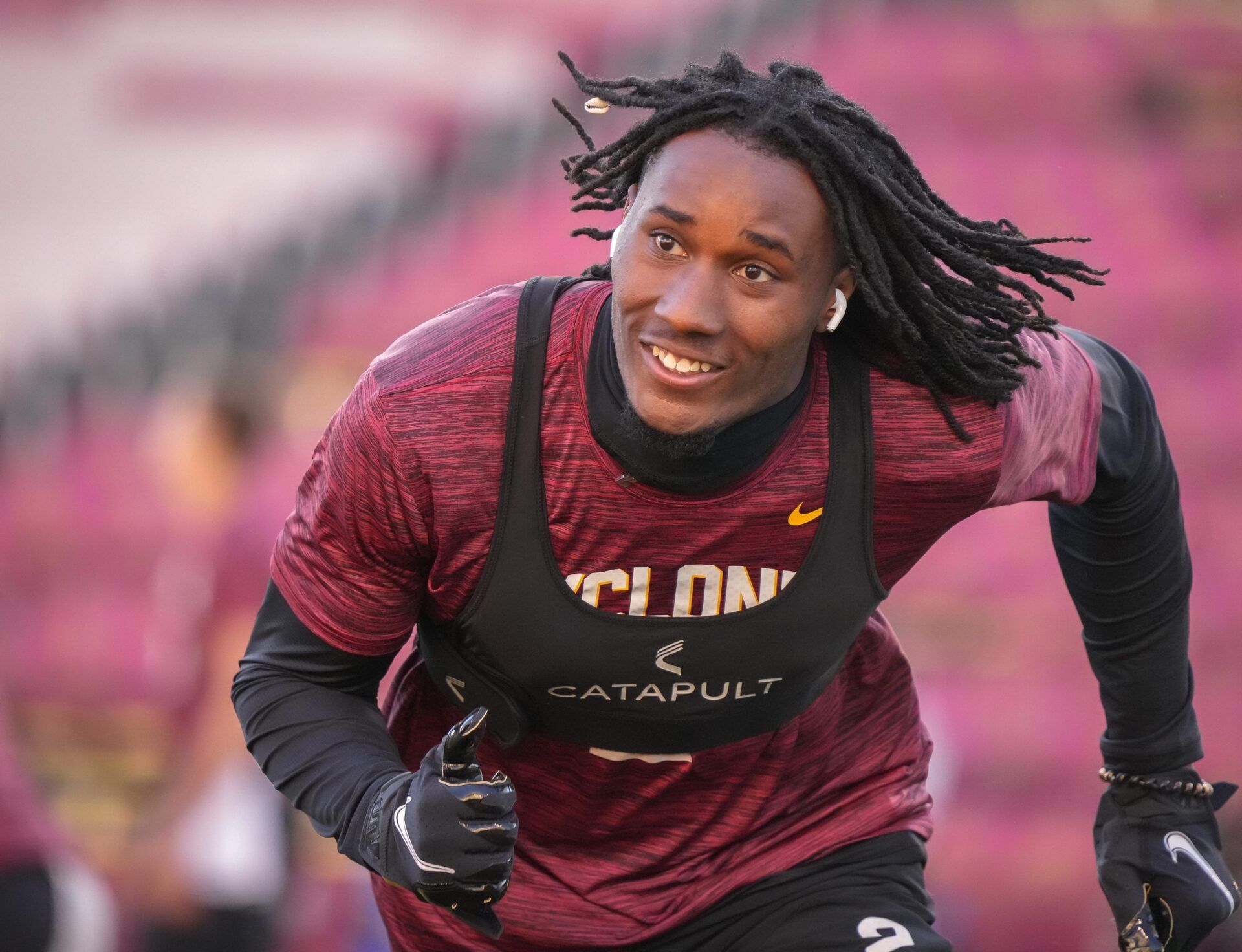 Iowa State defensive back T.J. Tampa warms up prior to kickoff against Kansas State at Jack Trice Stadium in Ames, Iowa, on Saturday, Oct. 8, 2022.