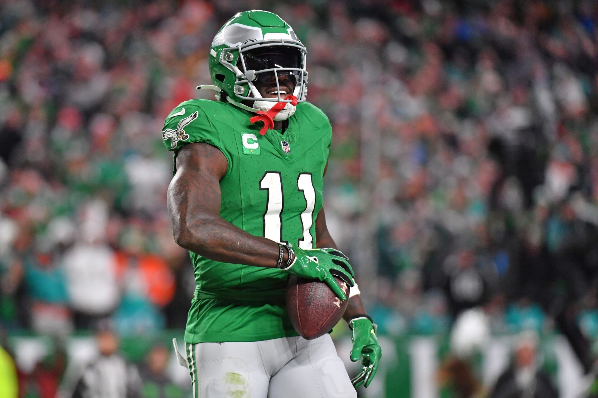 Philadelphia Eagles WR A.J. Brown (11) celebrates after a catch against the Miami Dolphins.