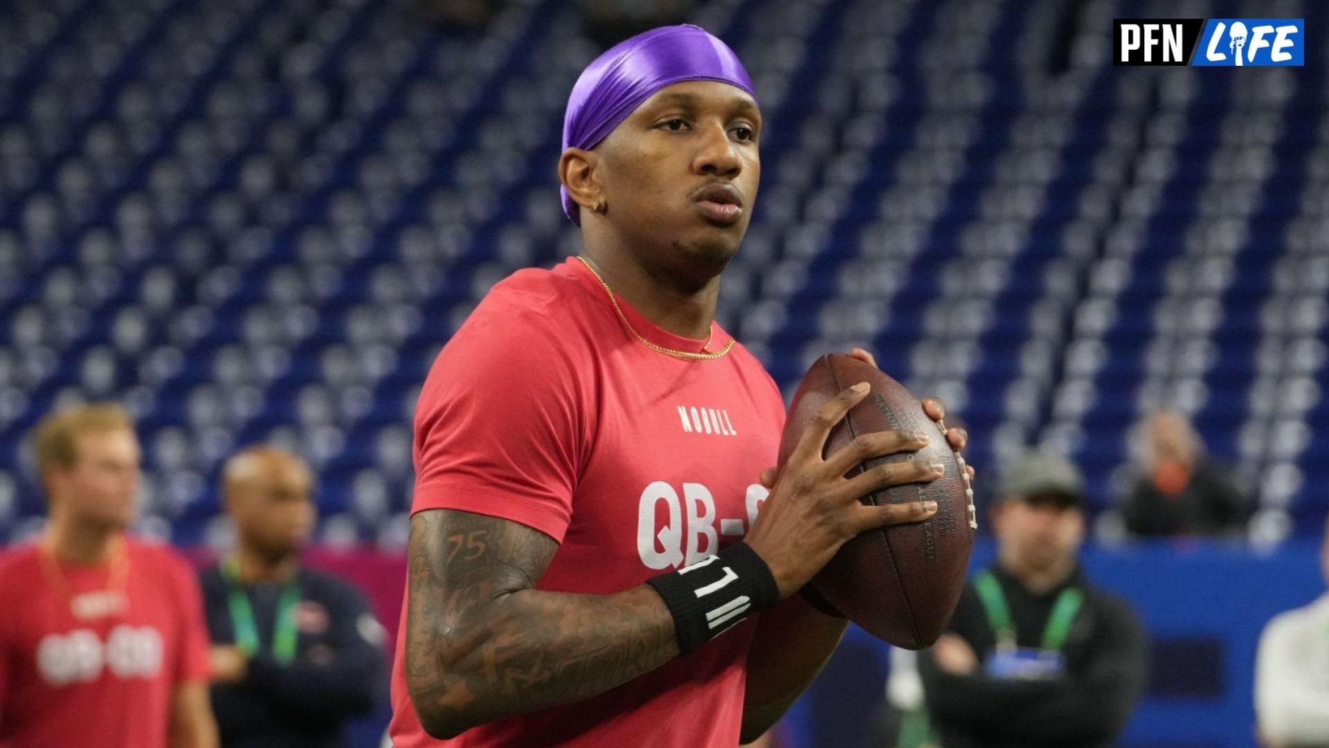 Washington quarterback Michael Penix (QB08) during the 2024 NFL Combine at Lucas Oil Stadium.