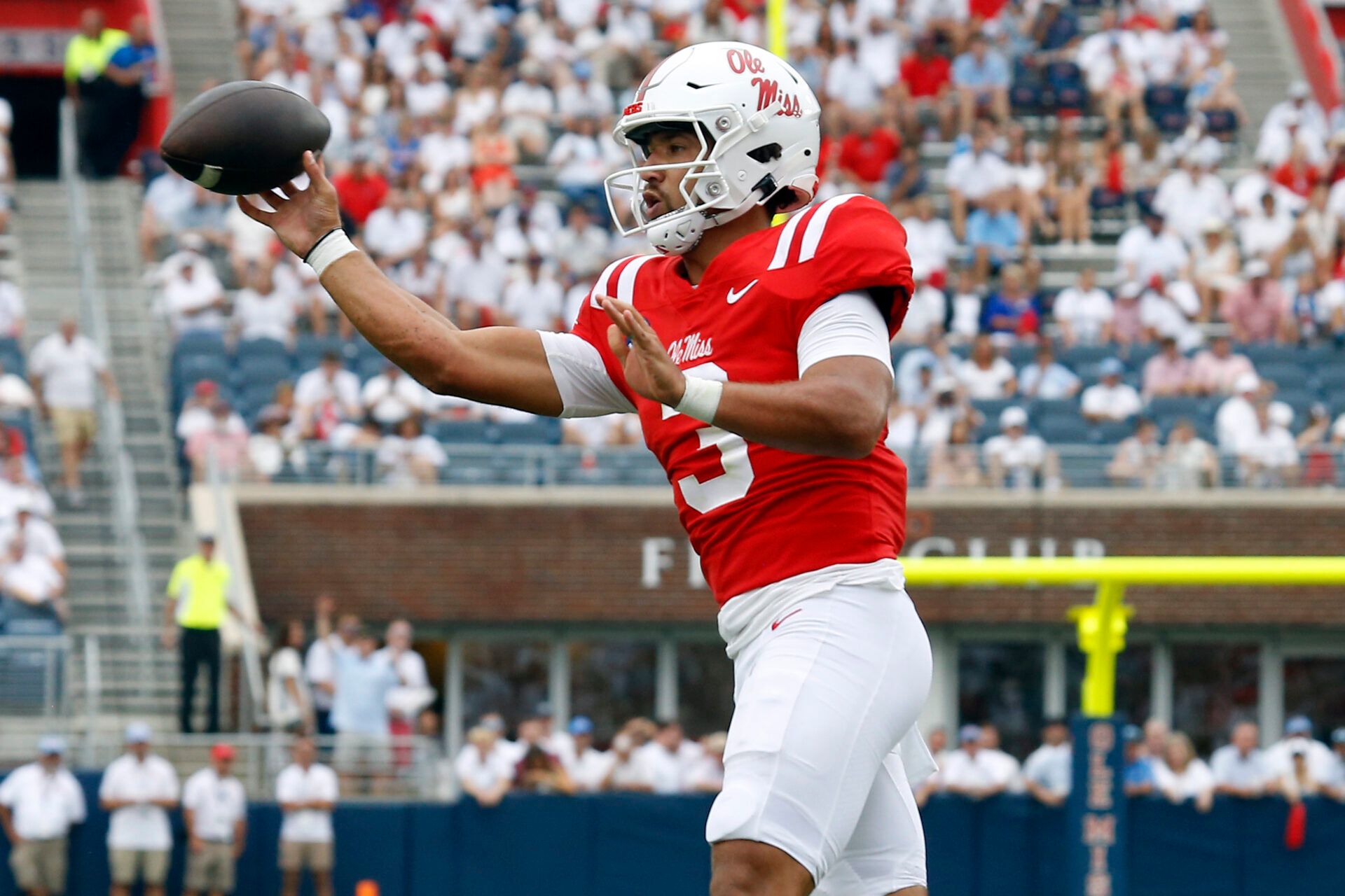 Mississippi Rebels quarterback Spencer Sanders (3) passes the ball during the third quarter against the Mercer Bears at Vaught-Hemingway Stadium.