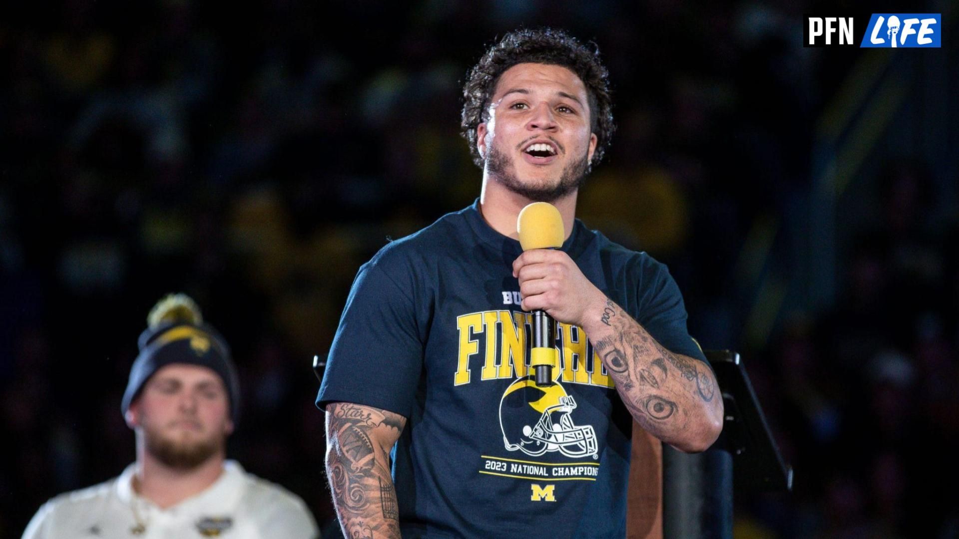 Michigan running back Blake Corum speaks during the national championship celebration at Crisler Center in Ann Arbor on Saturday, Jan. 13, 2024.