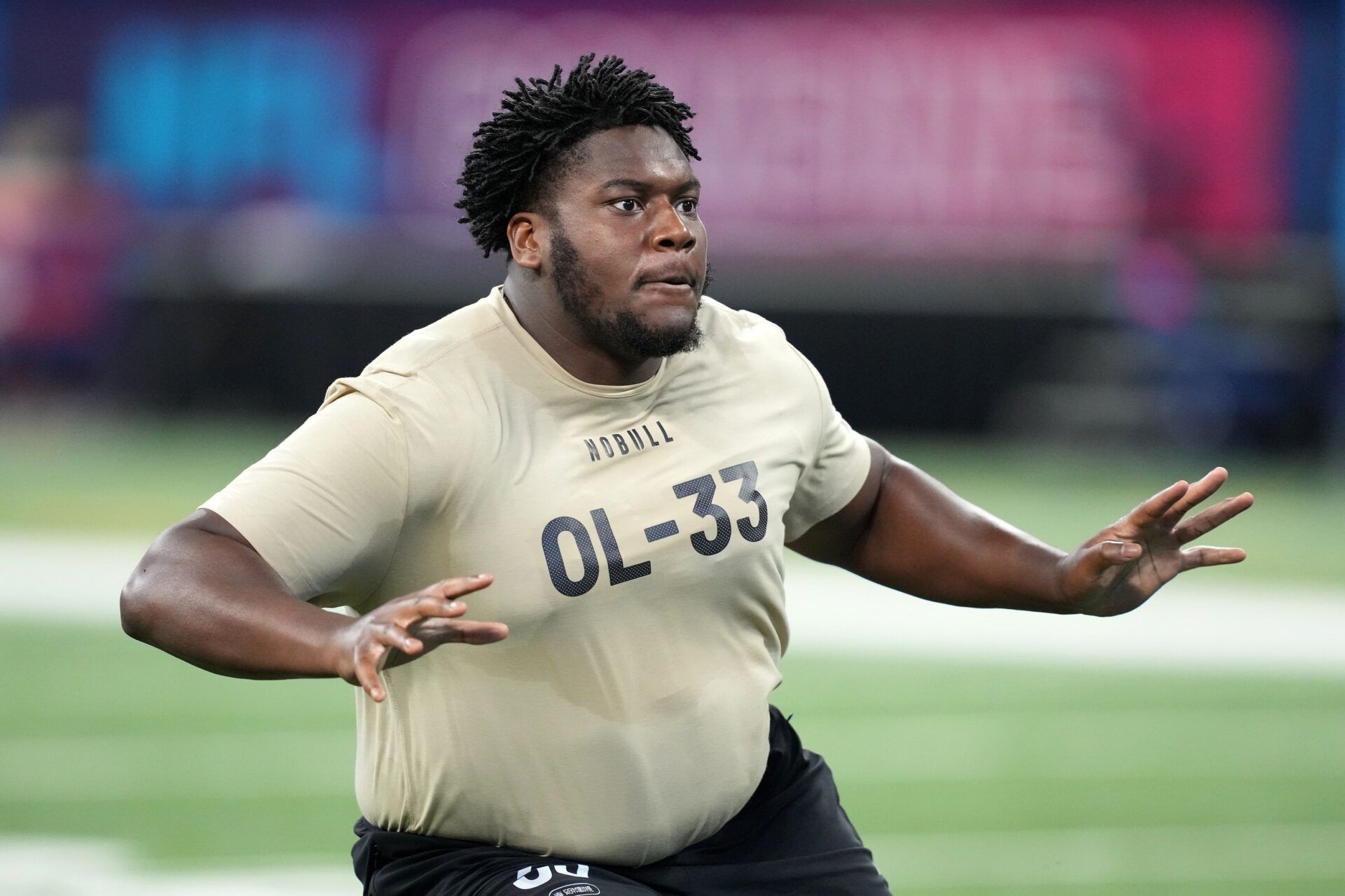 Mar 3, 2024; Indianapolis, IN, USA; Connecticut offensive lineman Christian Haynes (OL33) during the 2024 NFL Combine at Lucas Oil Stadium. Mandatory Credit: Kirby Lee-USA TODAY Sports