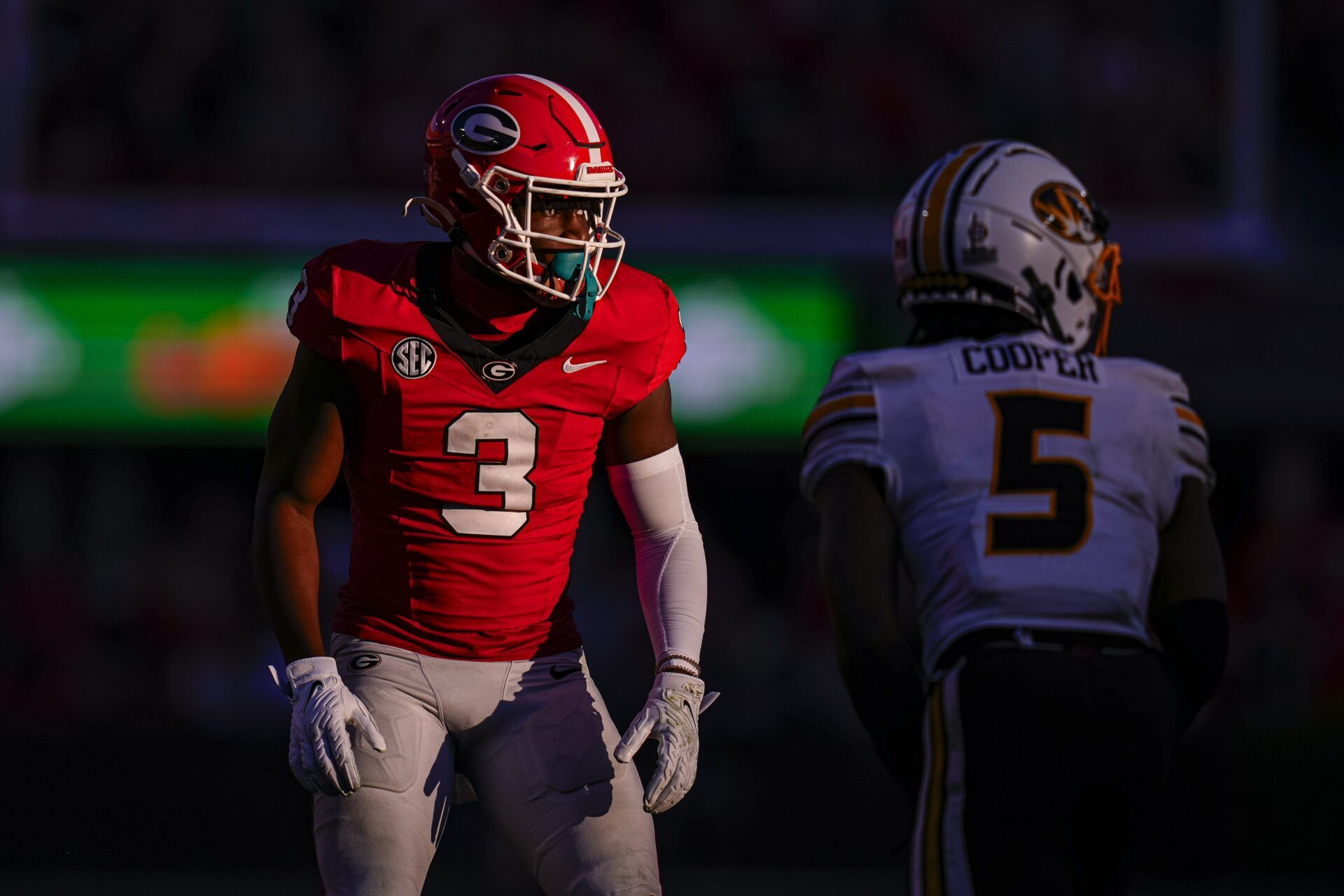 Nov 4, 2023; Athens, Georgia, USA; Georgia Bulldogs defensive back Kamari Lassiter (3) prepares to cover Missouri Tigers wide receiver Mookie Cooper (5) during the second half at Sanford Stadium. Mandatory Credit: Dale Zanine-USA TODAY Sports