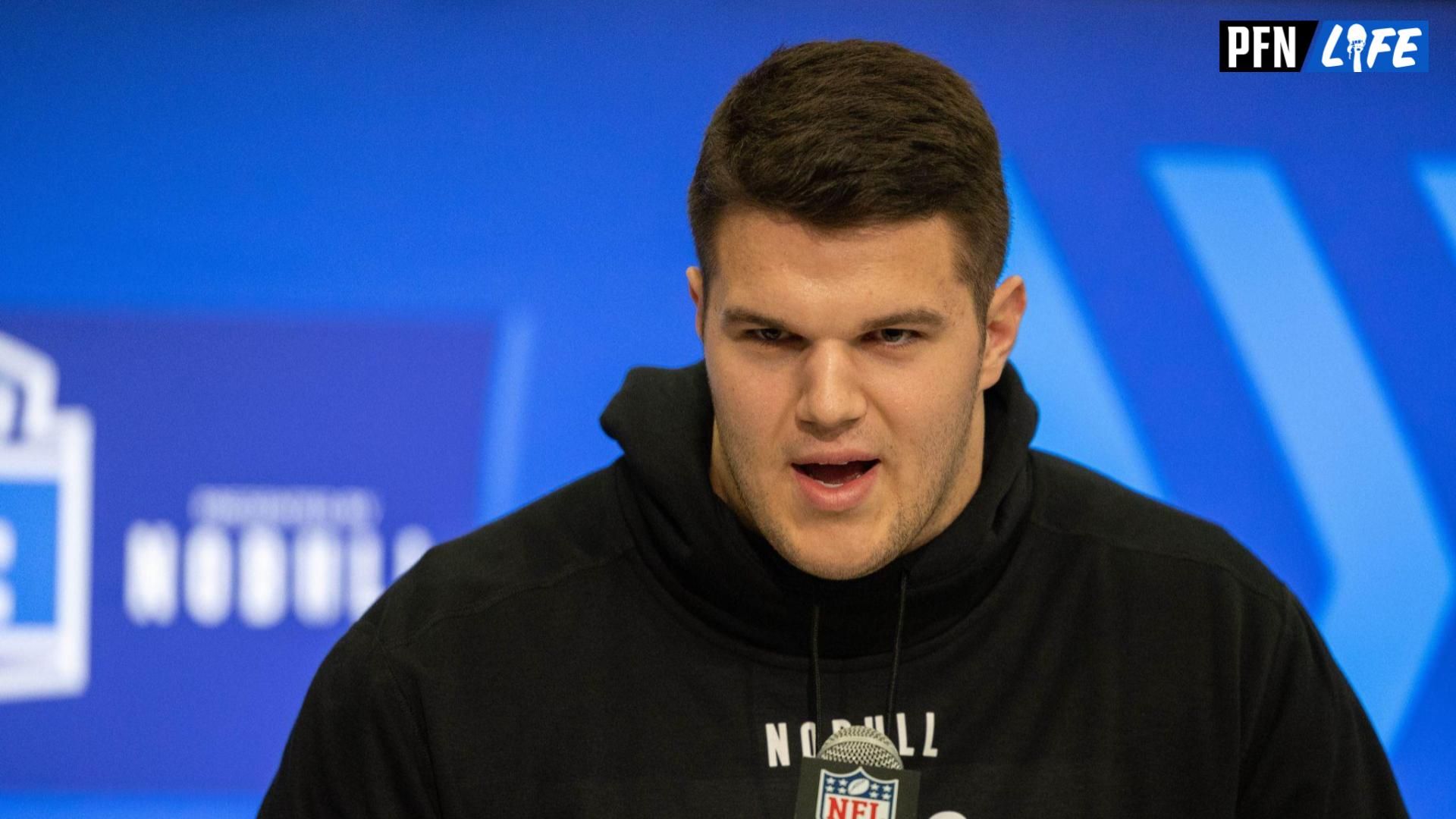 Mar 2, 2024; Indianapolis, IN, USA; Duke offensive lineman Graham Barton (OL06) talks to the media during the 2024 NFL Combine at Lucas Oil Stadium. Mandatory Credit: Trevor Ruszkowski-USA TODAY Sports