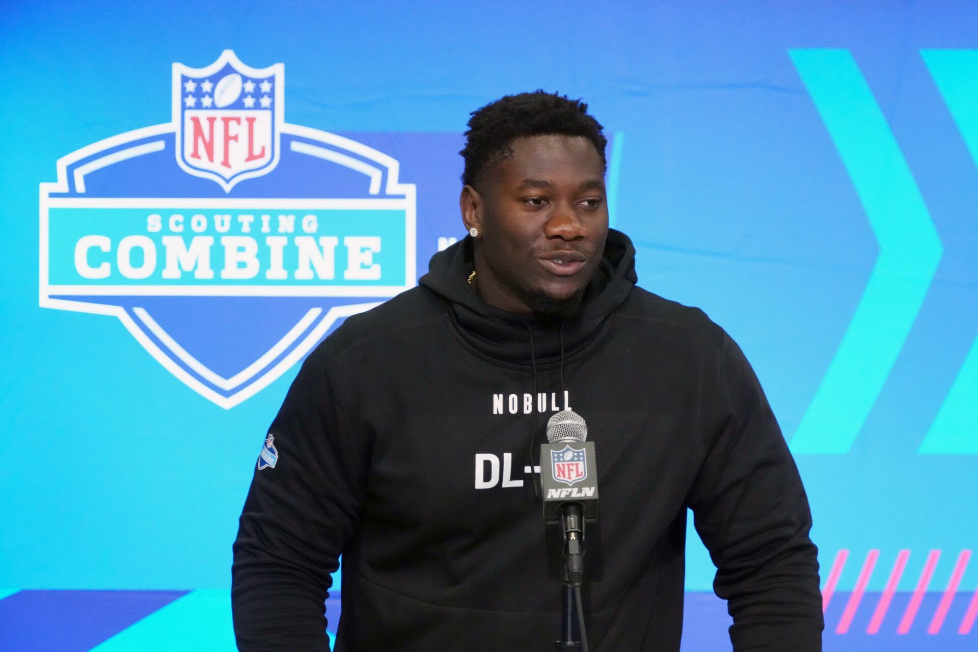 Feb 28, 2024; Indianapolis, IN, USA; Clemson defensive lineman Ruke Orhorhoro (DL21) speaks at a press conference at the NFL Scouting Combine at Indiana Convention Center. Mandatory Credit: Kirby Lee-USA TODAY Sports