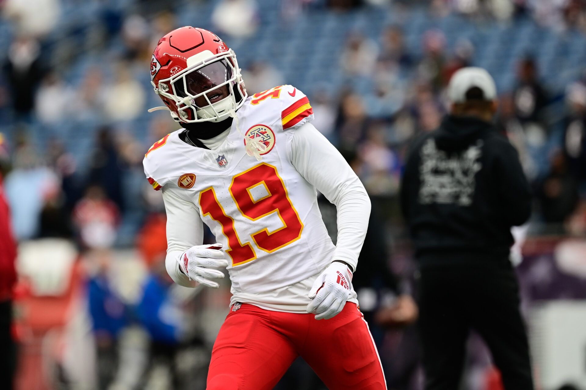 Kansas City Chiefs wide receiver Kadarius Toney (19) warms up before a game against the New England Patriots at Gillette Stadium.