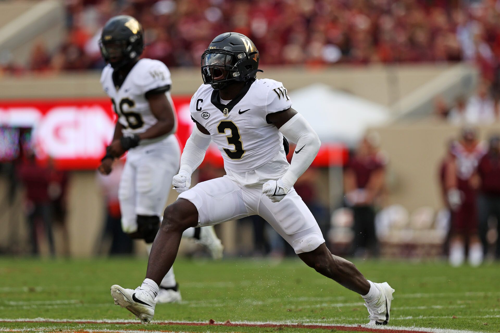 Wake Forest Demon Deacons defensive back Malik Mustapha (3) celebrates after Virginia Tech Hokies missed a field goal during the second quarter at Lane Stadium.