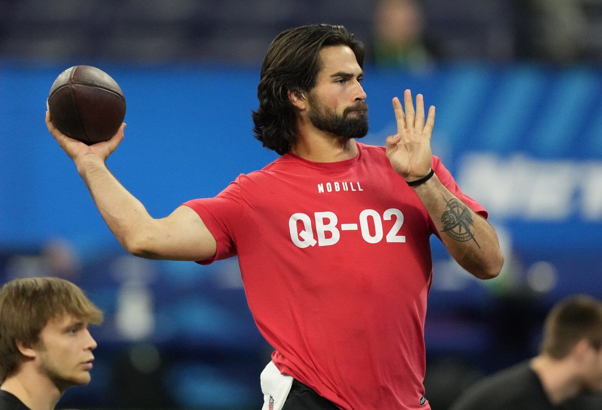 Notre Dame quarterback Sam Hartman (QB02) during the 2024 NFL Combine at Lucas Oil Stadium. Mandatory Credit: Kirby Lee-USA TODAY Sports