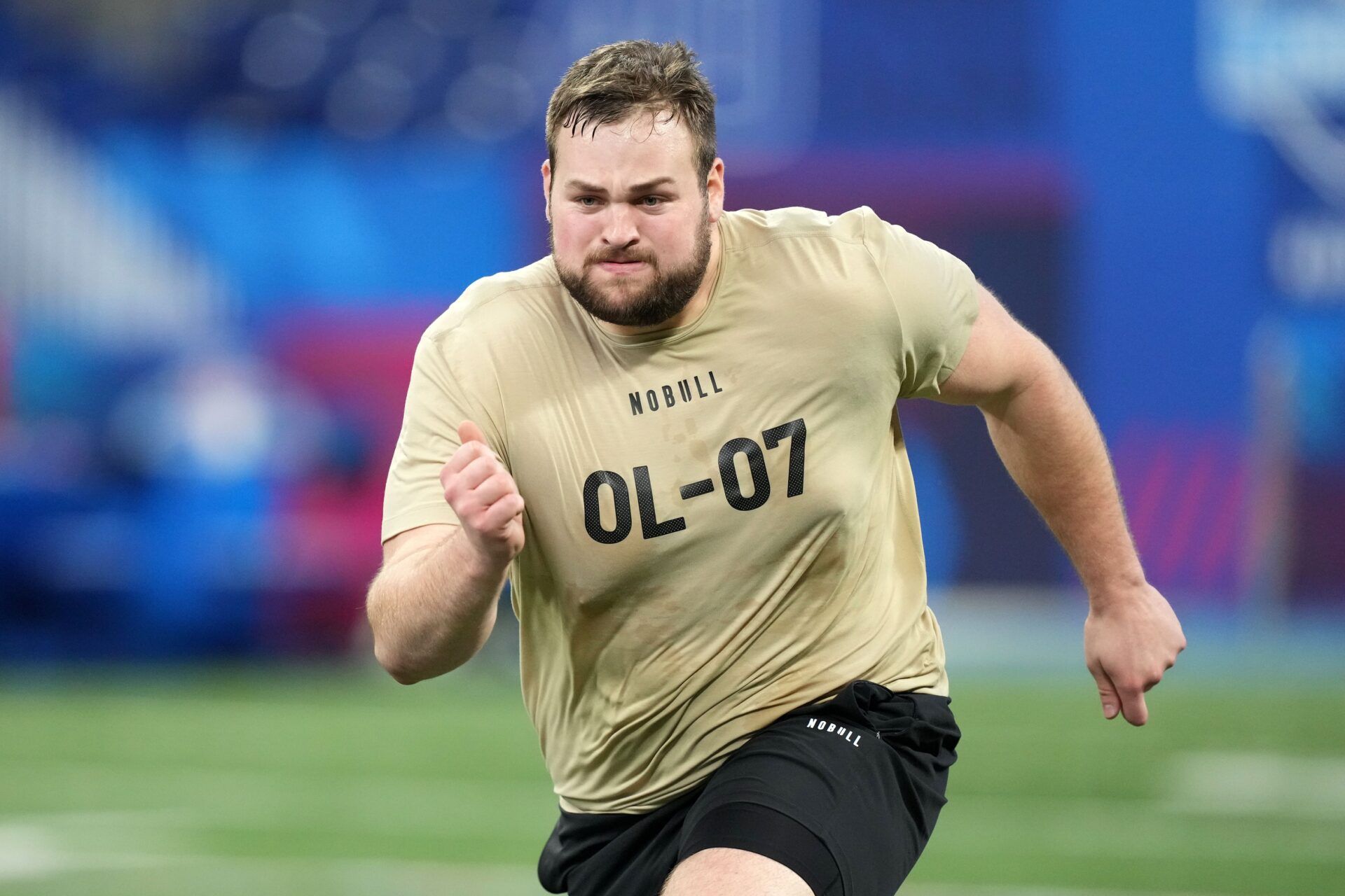 Kansas State offensive lineman Cooper Beebe (OL07) during the 2024 NFL Combine at Lucas Oil Stadium. Mandatory Credit: Kirby Lee-USA TODAY Sports