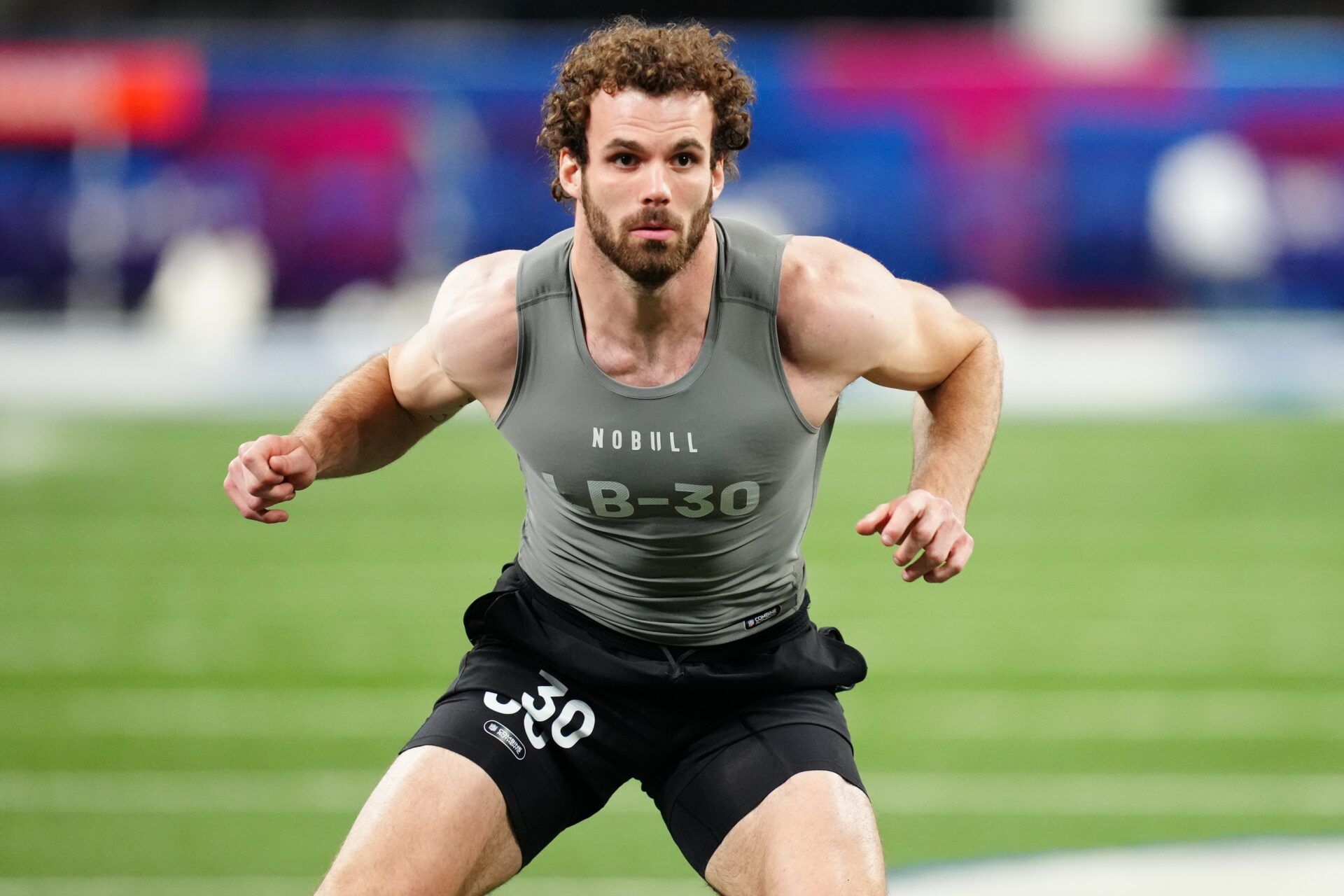 North Carolina State linebacker Payton Wilson (LB30) works out during the 2024 NFL Combine at Lucas Oil Stadium. Mandatory Credit: Kirby Lee-USA TODAY Sports