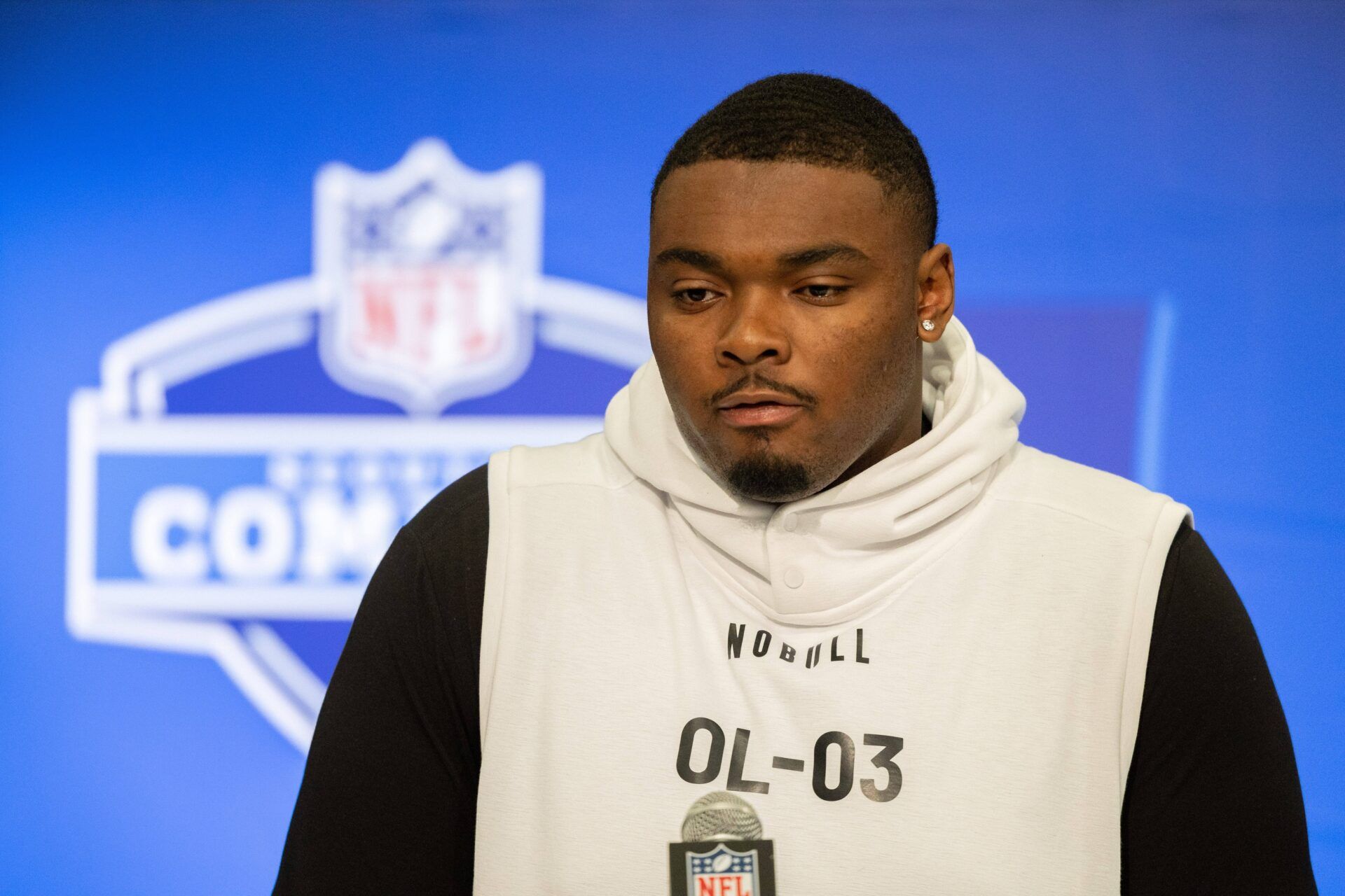 Yale offensive lineman Kiran Amegadjie (OL03) talks to the media during the 2024 NFL Combine at Lucas Oil Stadium. Mandatory Credit: Trevor Ruszkowski-USA TODAY Sports