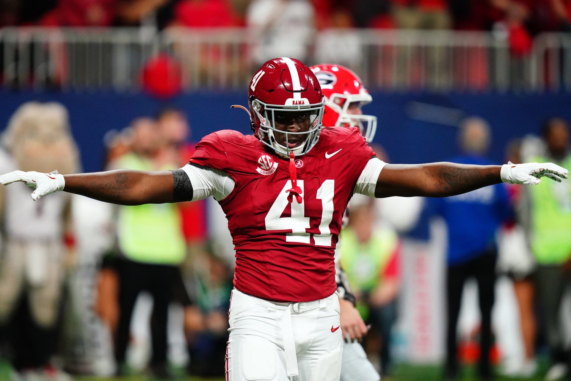 Alabama Crimson Tide linebacker Chris Braswell (41) reacts in the first quarter against the Georgia Bulldogs in the SEC Championship at Mercedes-Benz Stadium. Mandatory Credit: John David Mercer-USA TODAY Sports