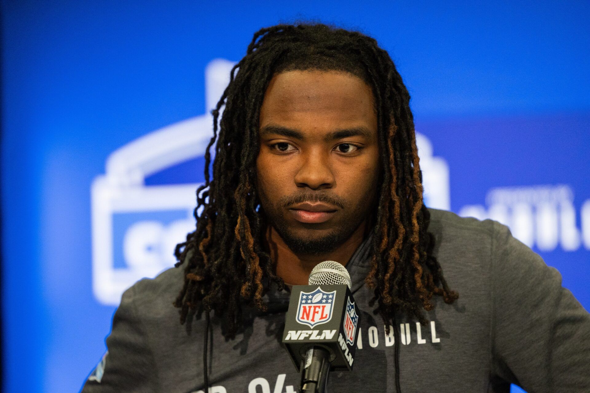 Wake Forest defensive back Caelen Carson (DB04) talks to the media during the 2024 NFL Combine at Lucas Oil Stadium. Mandatory Credit: Trevor Ruszkowski-USA TODAY Sports