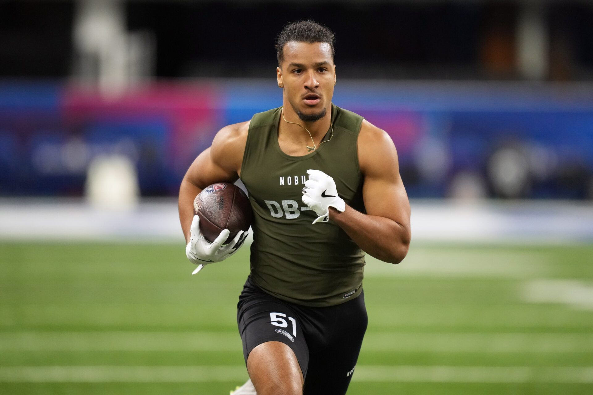 Washington State defensive back Jaden Hicks (DB51) works out during the 2024 NFL Combine at Lucas Oil Stadium.