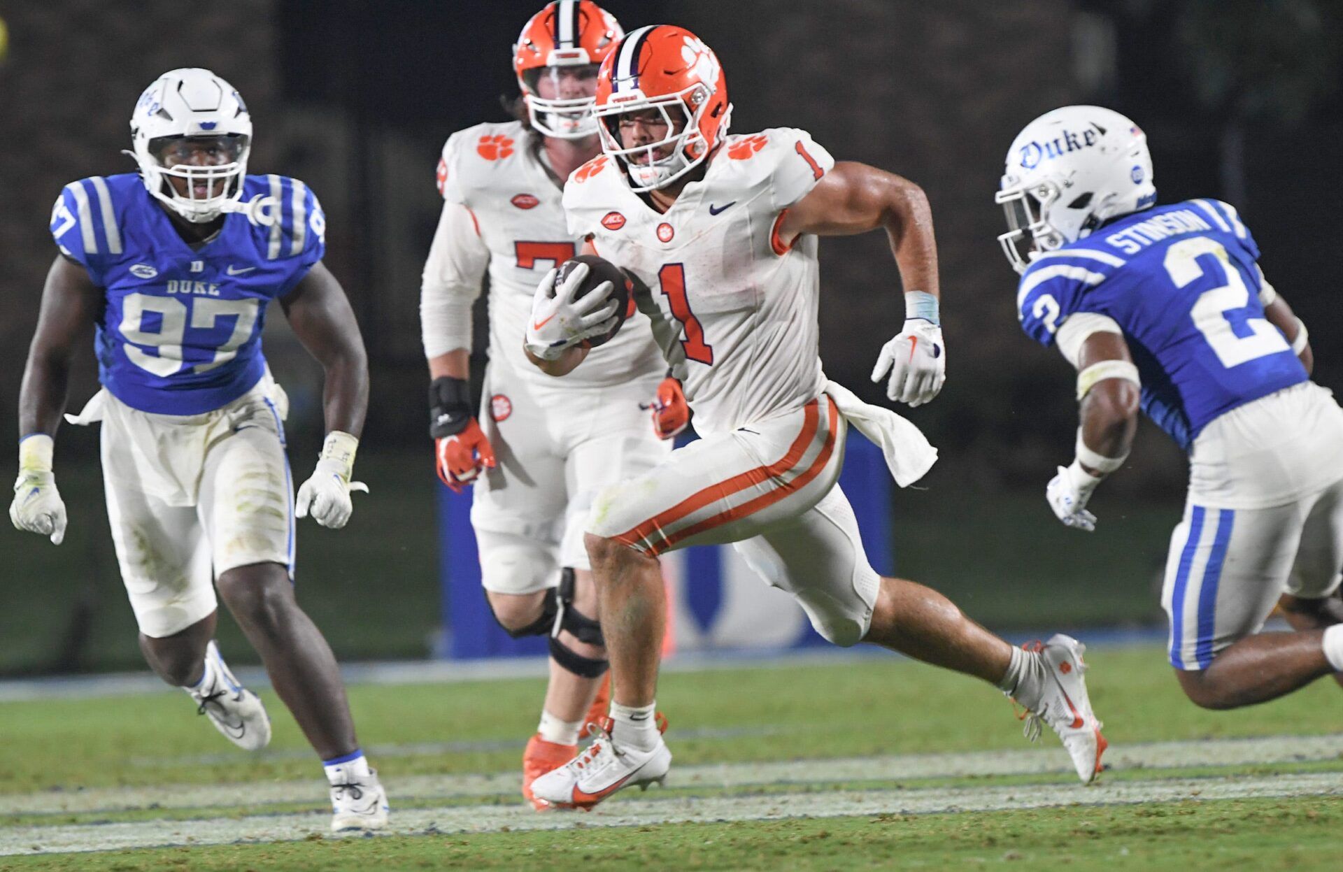 Clemson running back Will Shipley (1) runs near Duke University safety Jaylen Stinson (2) during the third quarter of the season opening game at Wallace Wade Stadium in Durham, N.C. Monday, Sept 4, 2023.