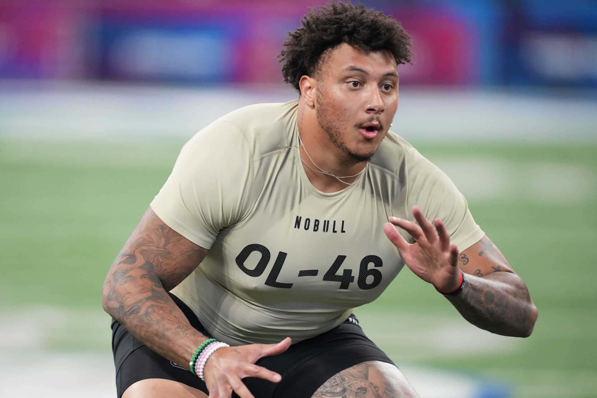 Boston College offensive lineman Christian Mahogany (OL46) during the 2024 NFL Combine at Lucas Oil Stadium.